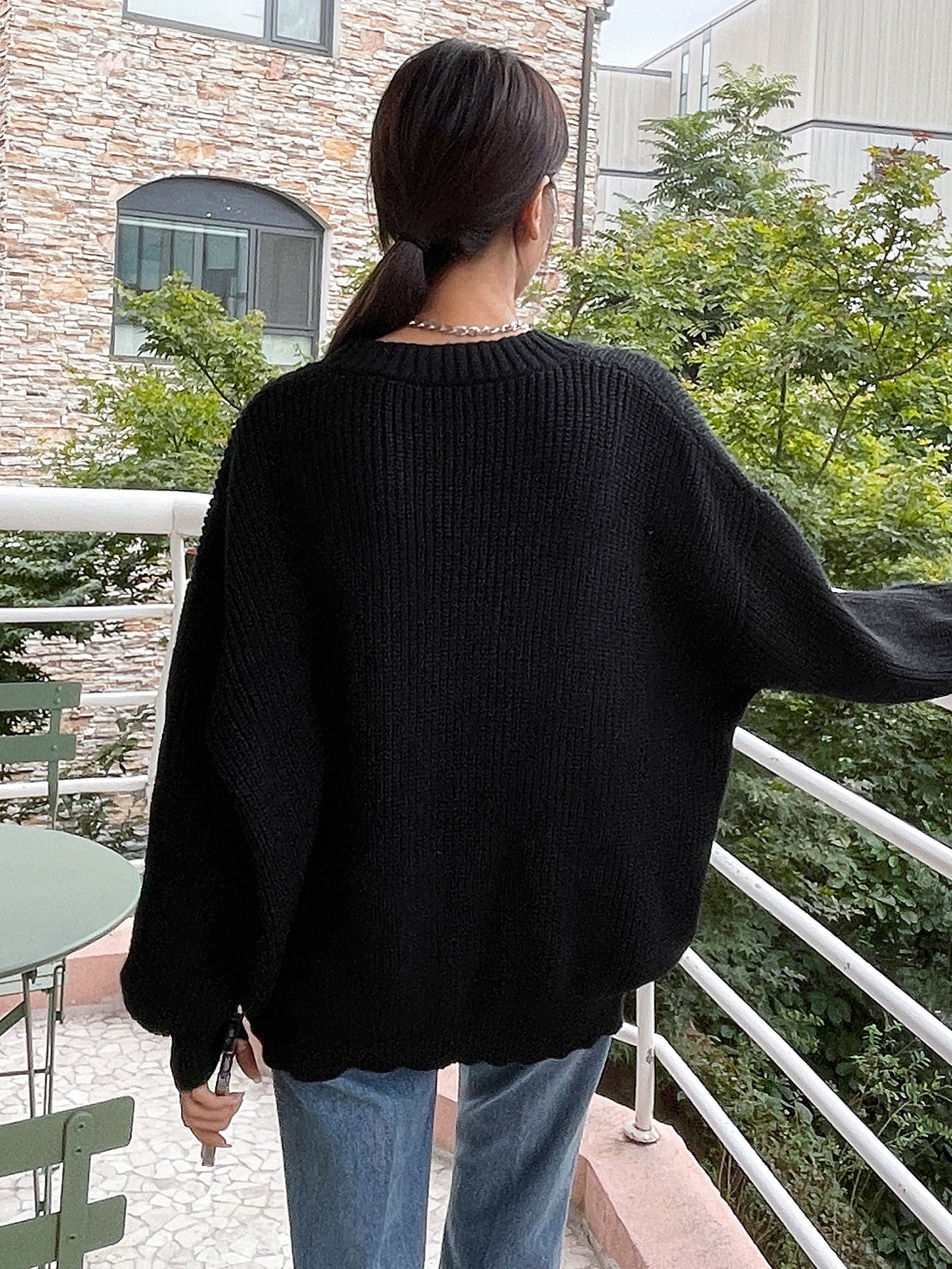 Solid Ribbed Knit Drop Shoulder Sweater