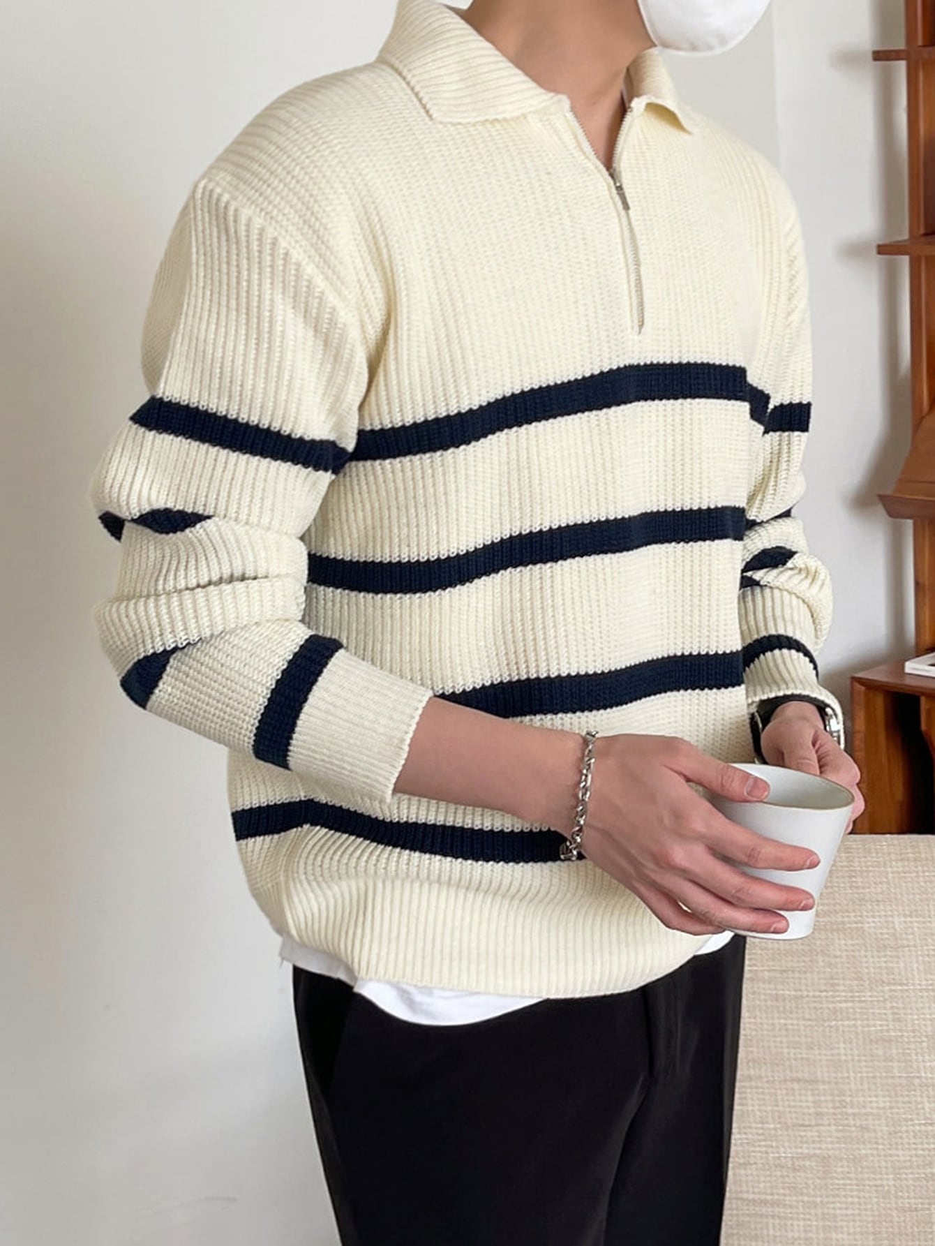 Men Striped Pattern Polo Neck Sweater Without Tee