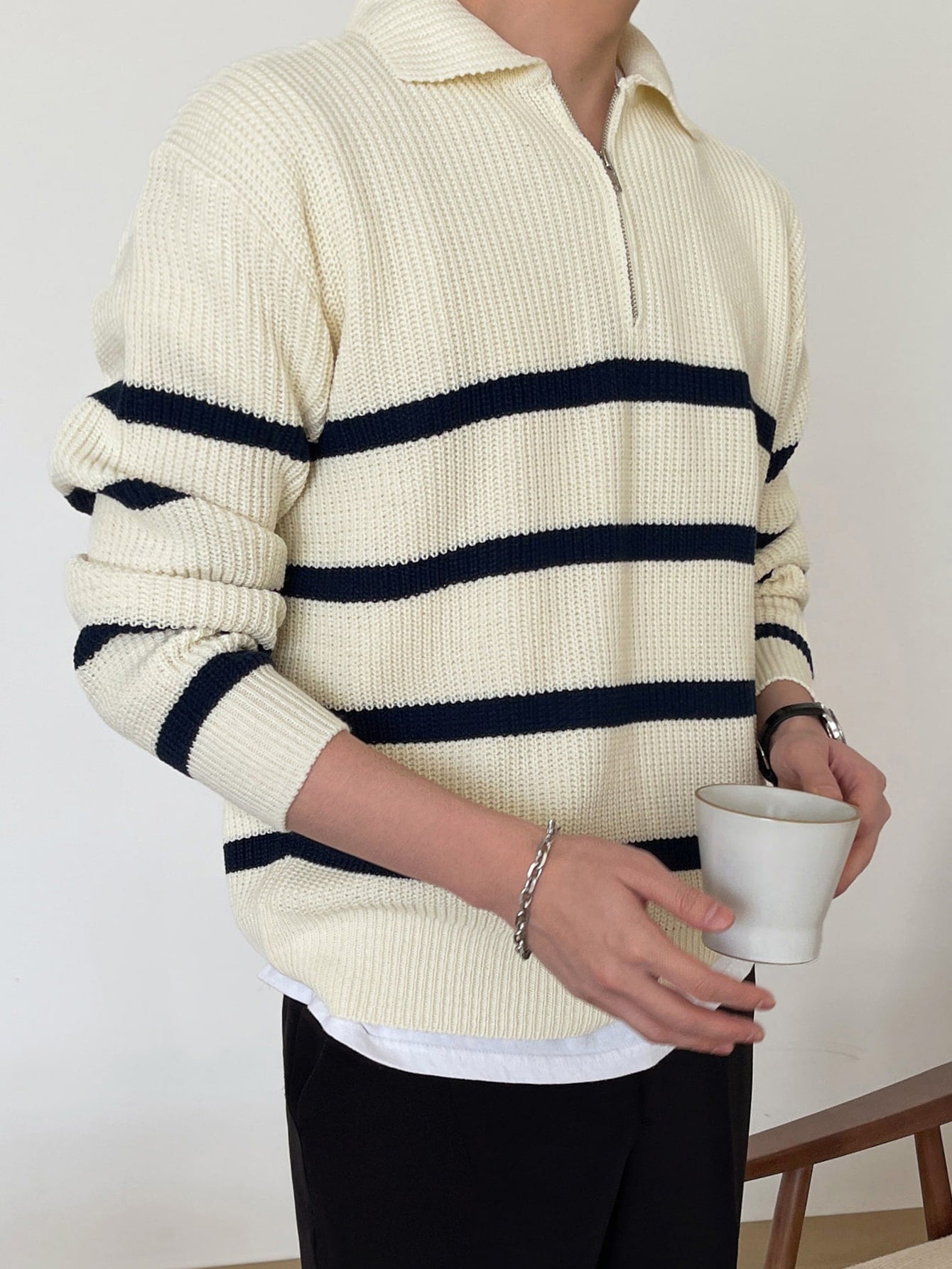 Men Striped Pattern Polo Neck Sweater Without Tee