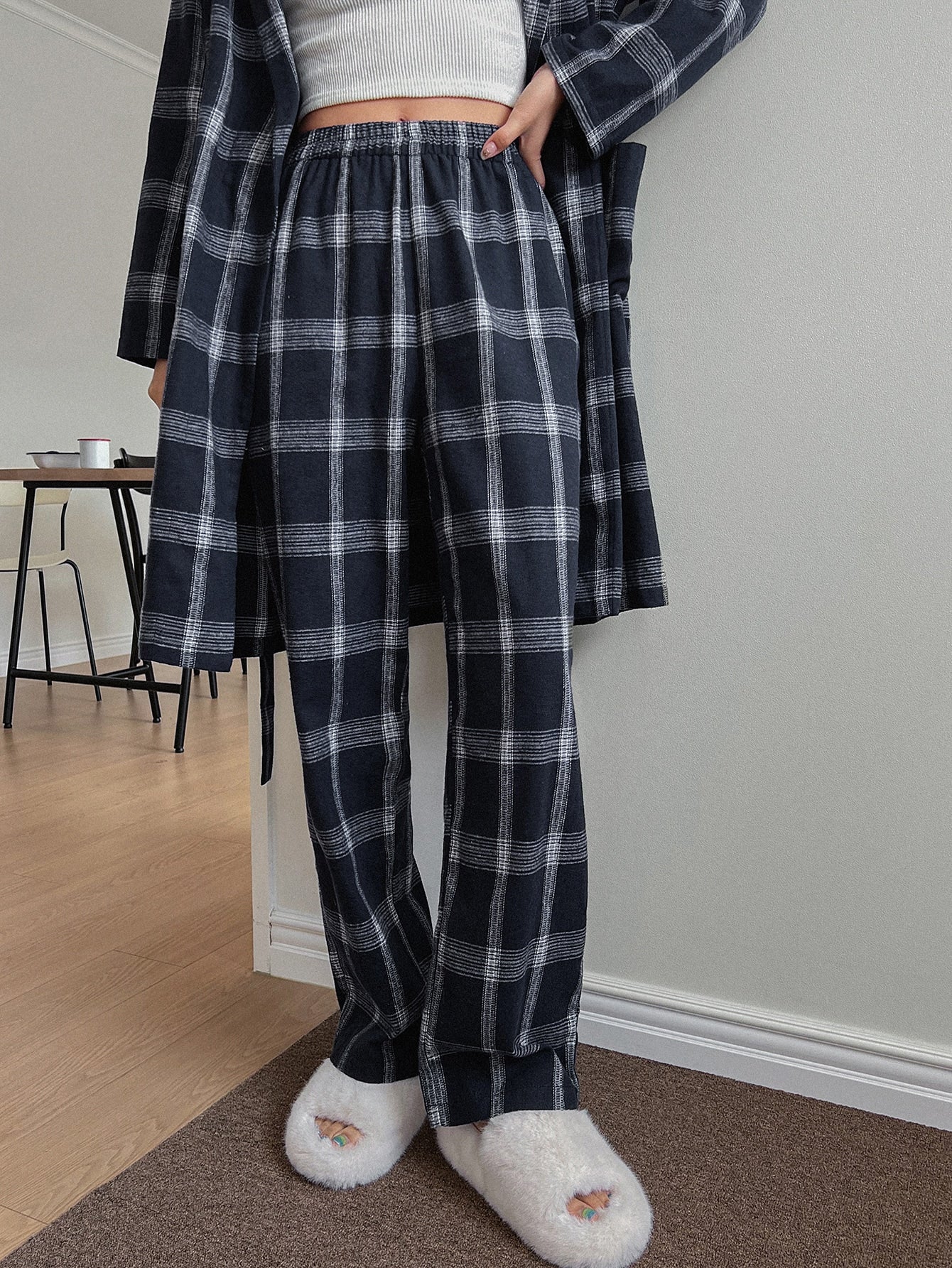 2pack Plaid Print Belted Robe & Pants Without Liner