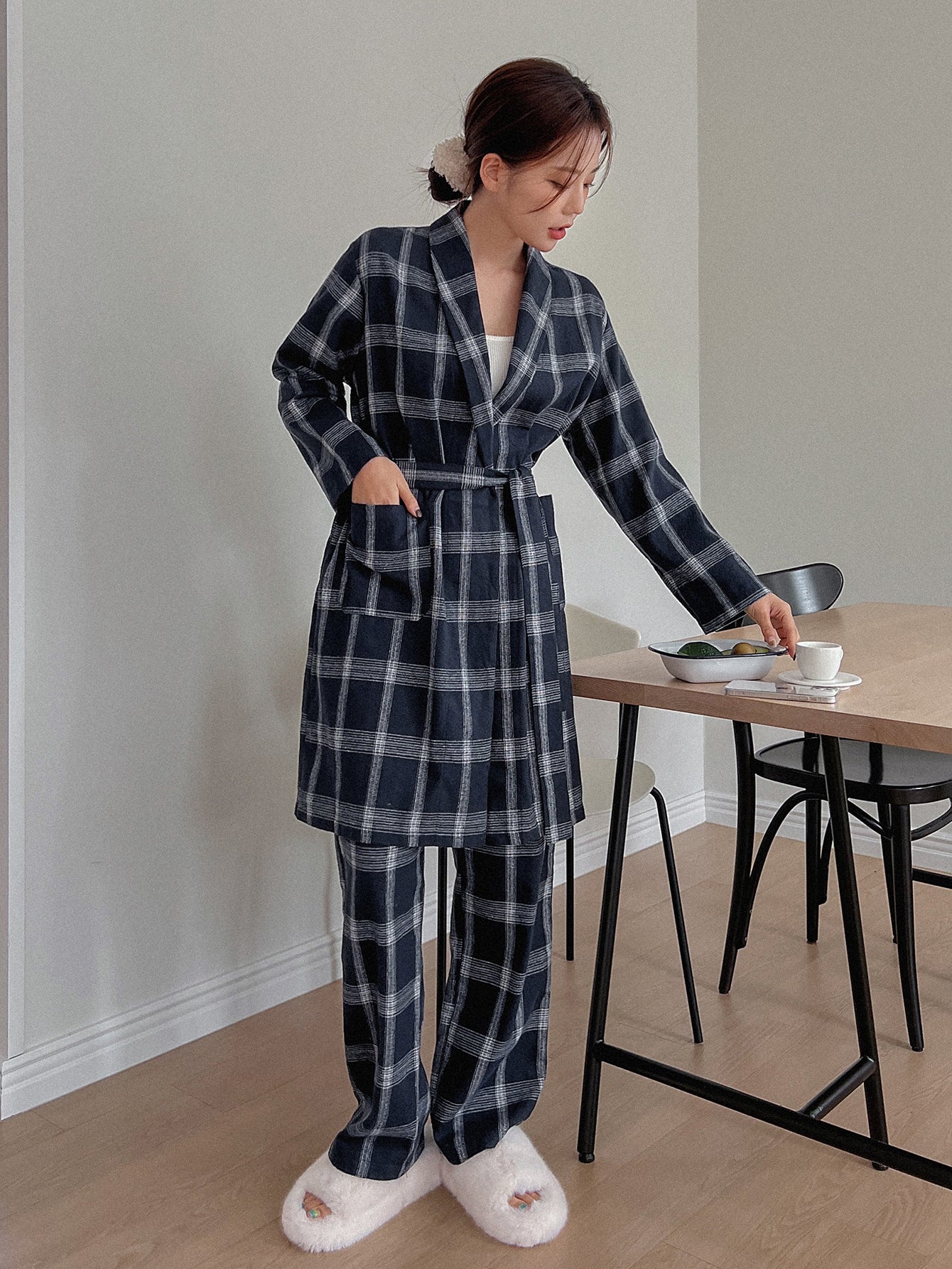 2pack Plaid Print Belted Robe & Pants Without Liner