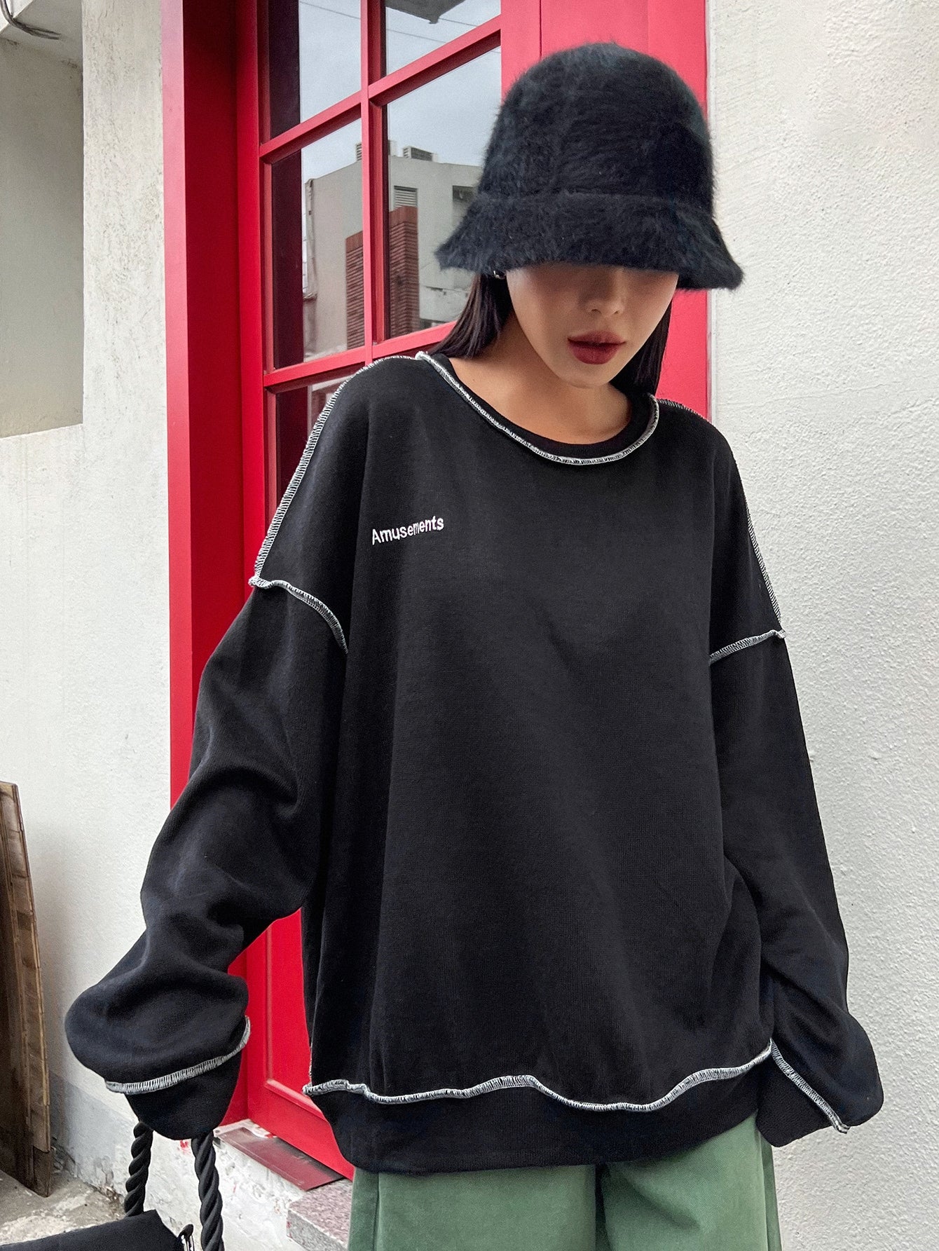 Letter Embroidery Top-stitching Drop Shoulder Oversized Sweatshirt