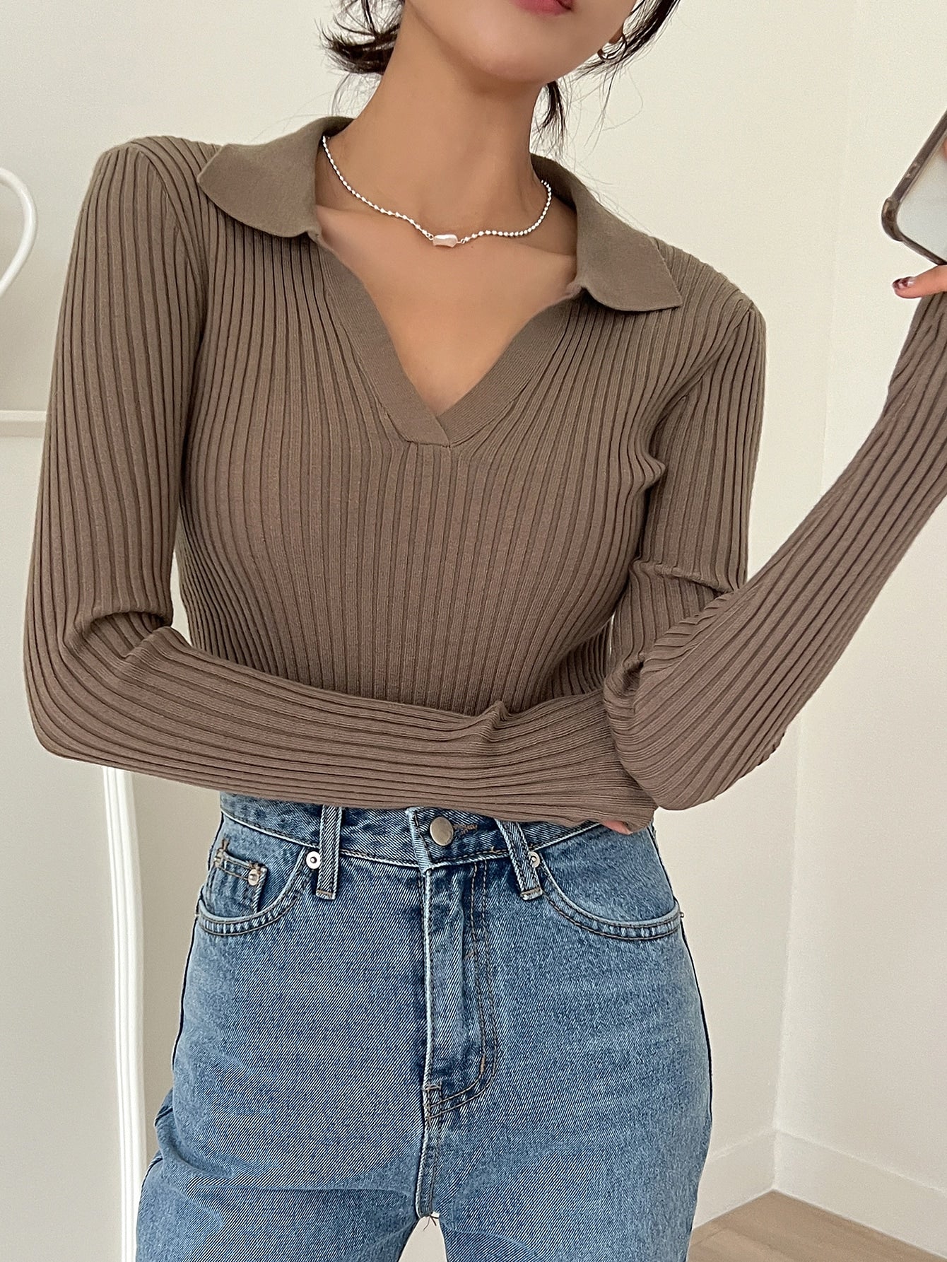 Solid Ribbed Knit Sweater
