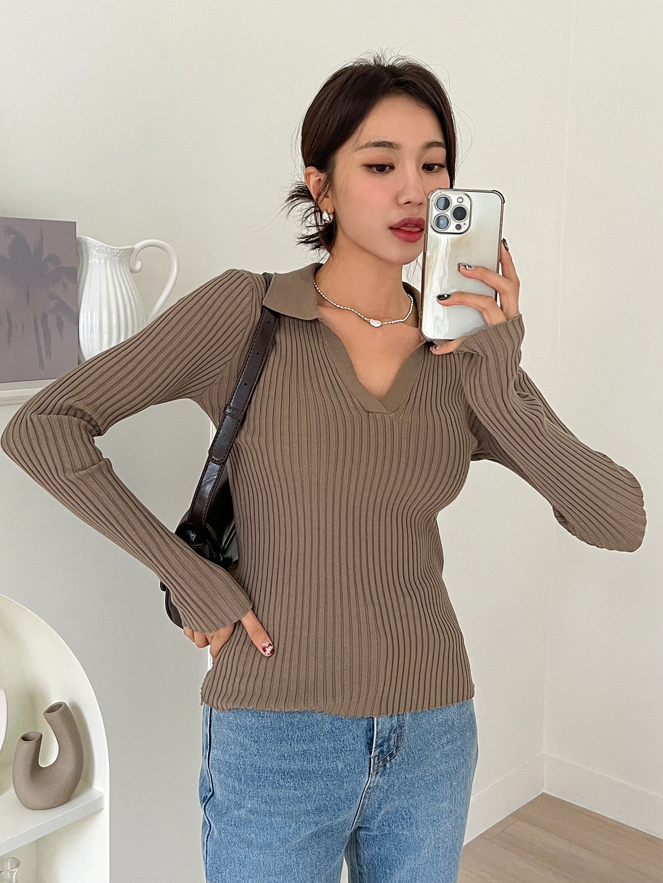 Solid Ribbed Knit Sweater