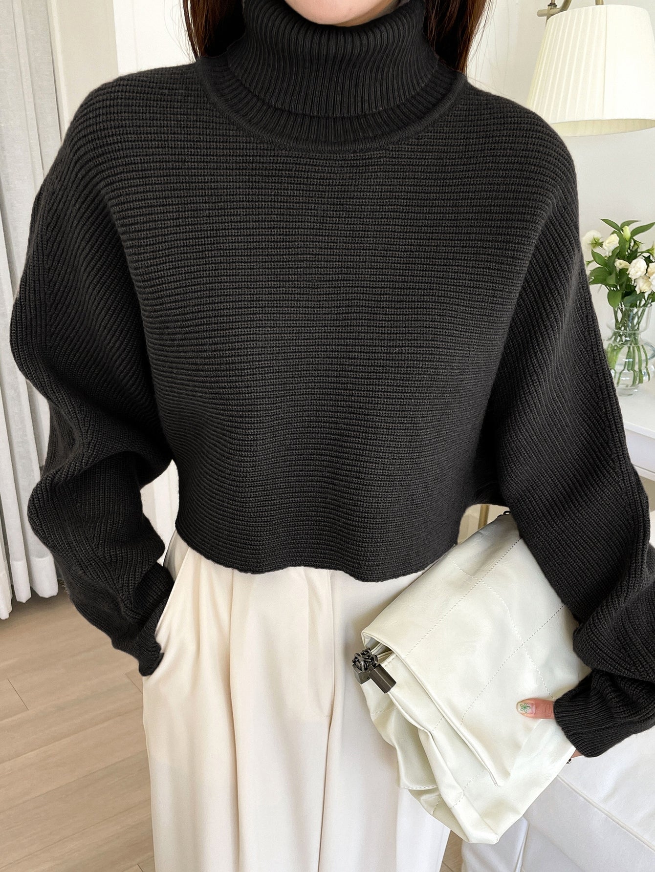 Turtleneck Batwing Sleeve Crop Sweater