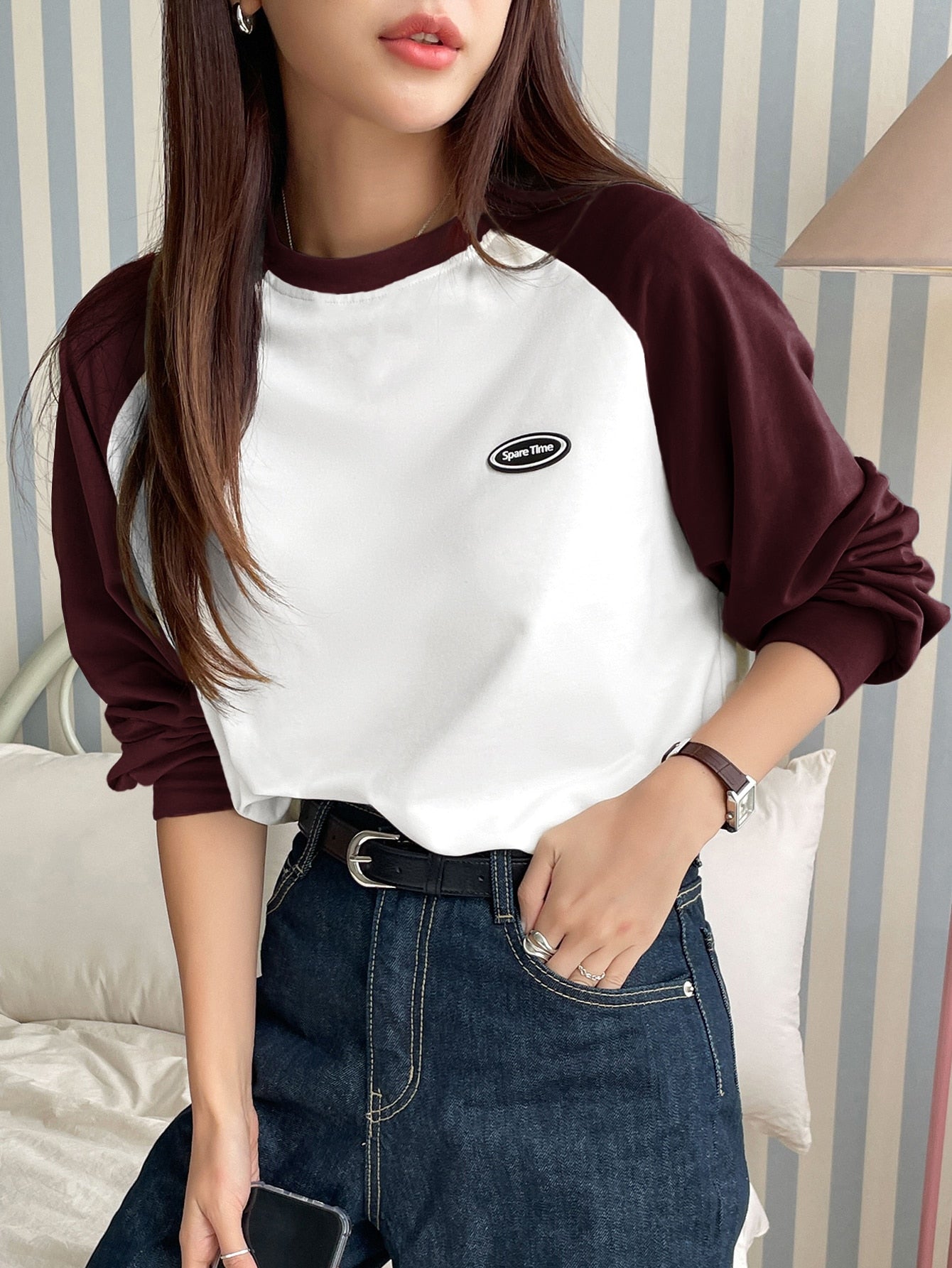 Letter Patched Colorblock Raglan Sleeve Tee