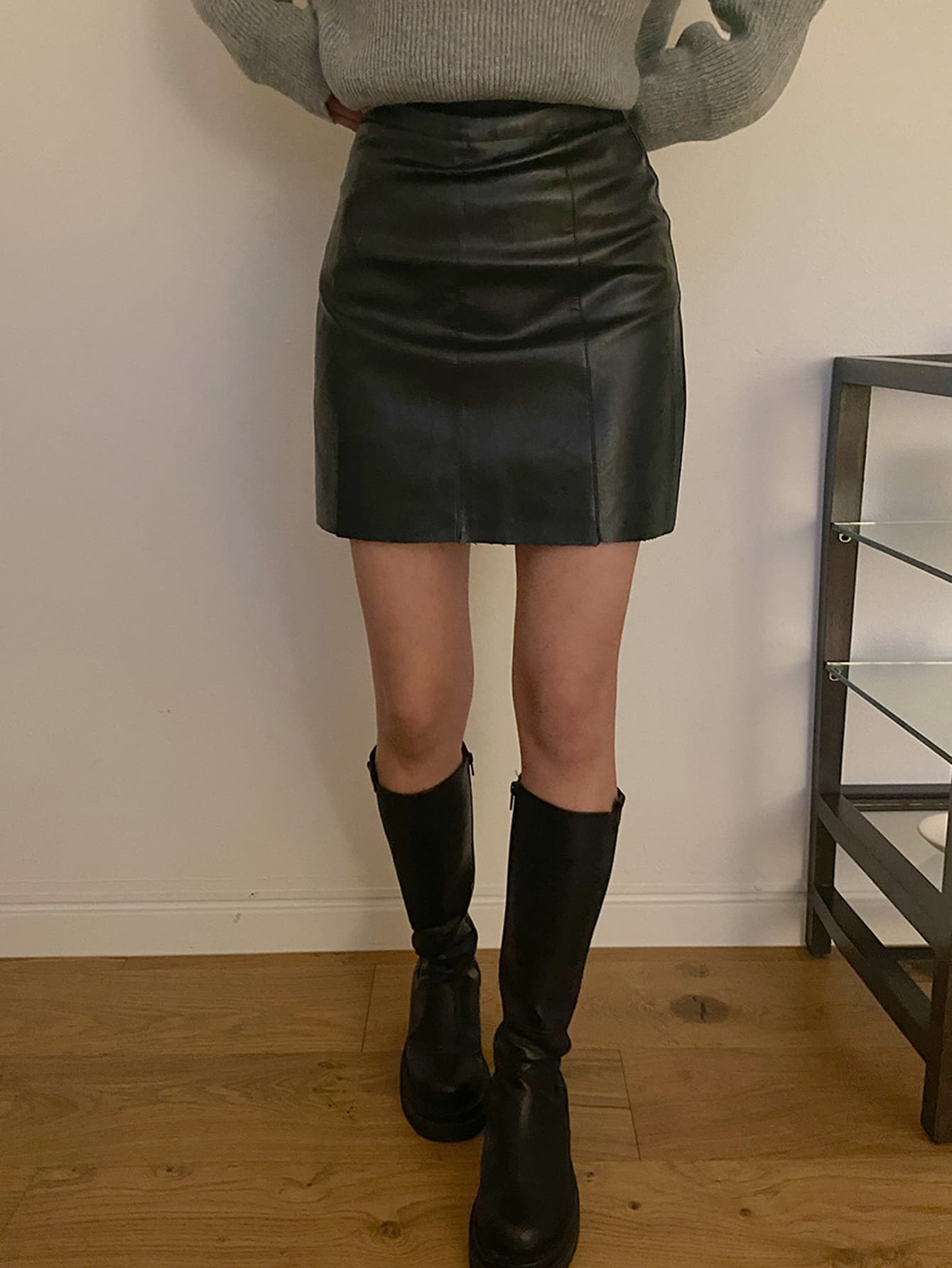 Solid PU Leather Bodycon Skirt