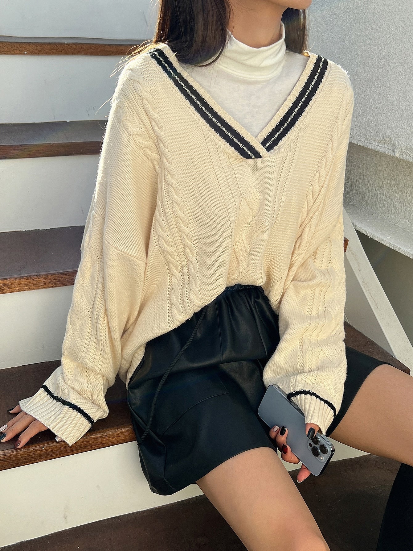 Striped Trim Drop Shoulder Cable Knit Sweater Without Tee
