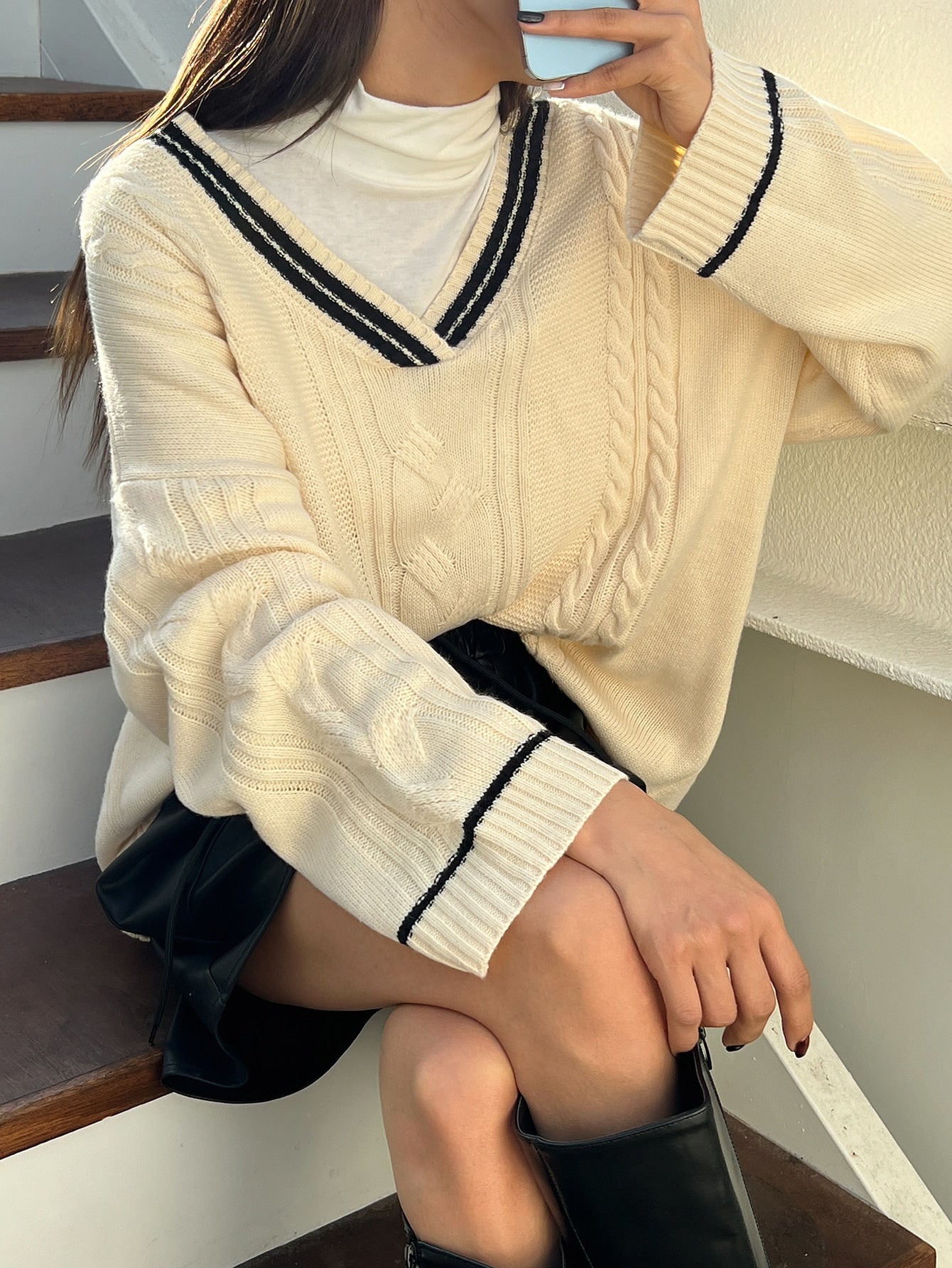 Striped Trim Drop Shoulder Cable Knit Sweater Without Tee