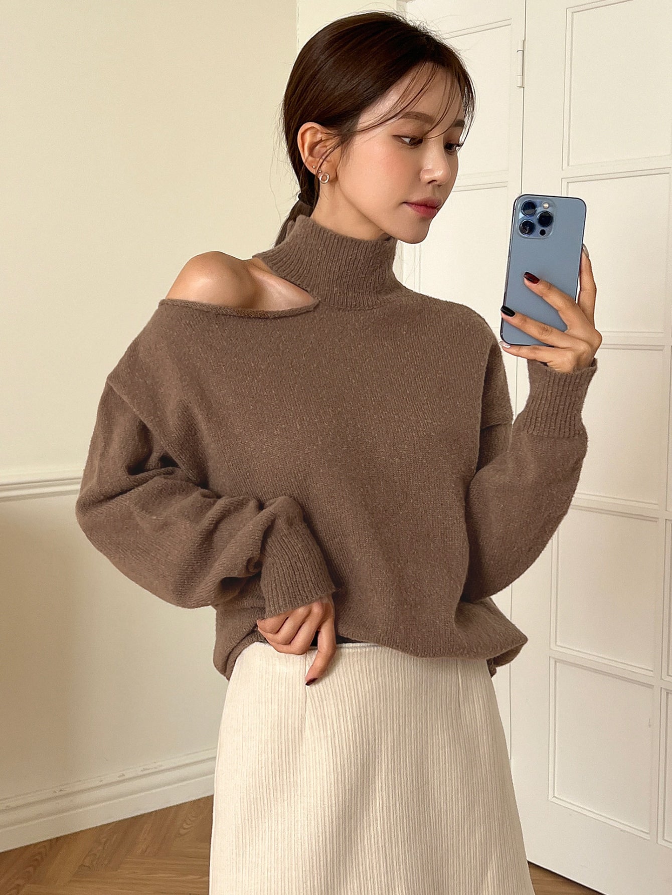Asymmetrical Neck Drop Shoulder Sweater