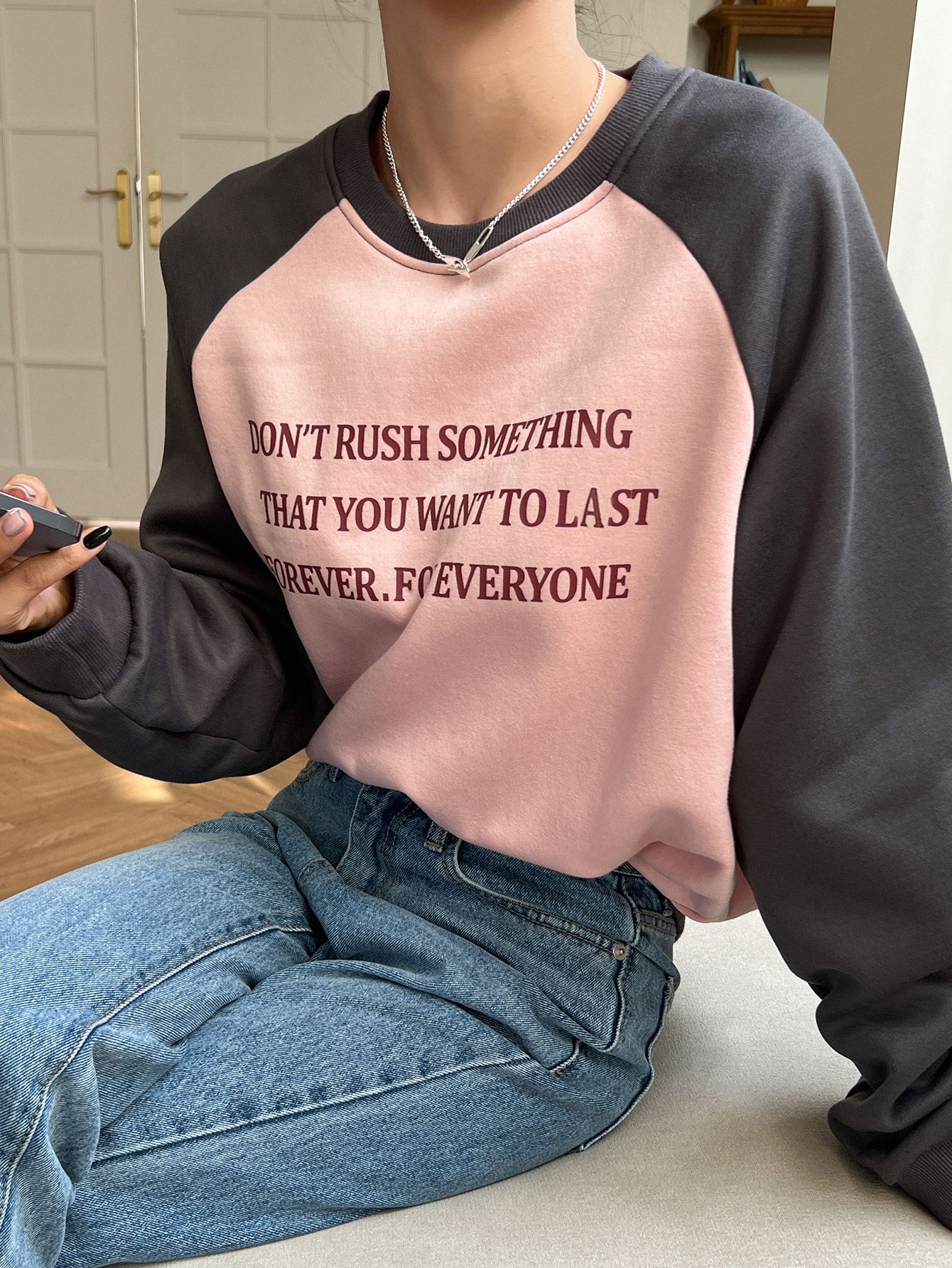 Slogan Graphic Raglan Sleeve Sweatshirt