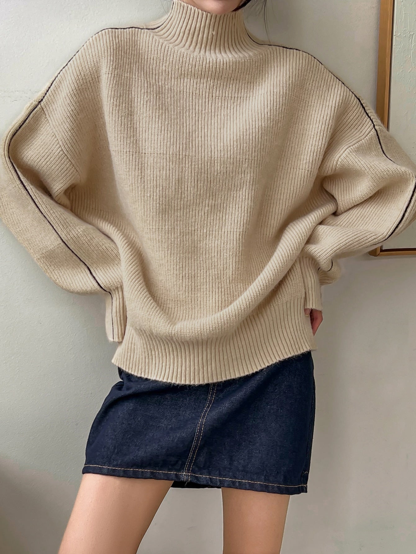 Seam Detail High Neck Drop Shoulder Sweater