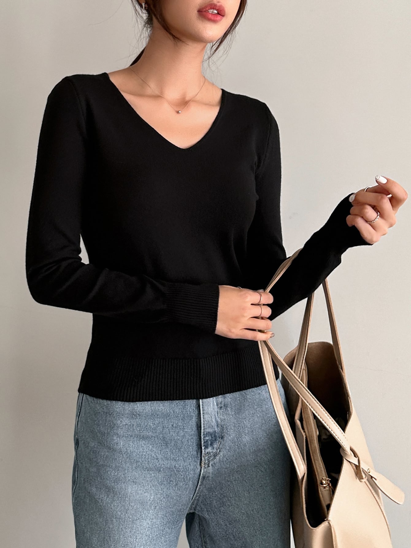 Solid V Neck Ribbed Knit Sweater