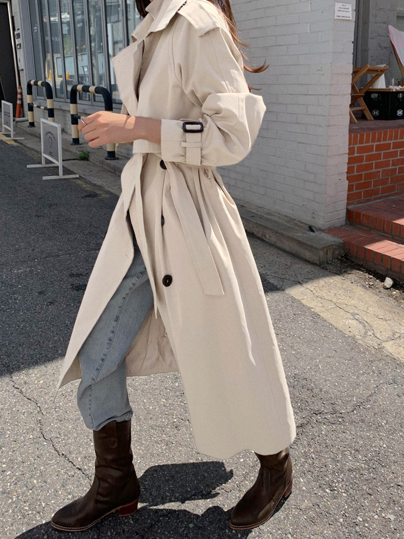 Epaulettes Design Double Breasted Belted Trench Coat