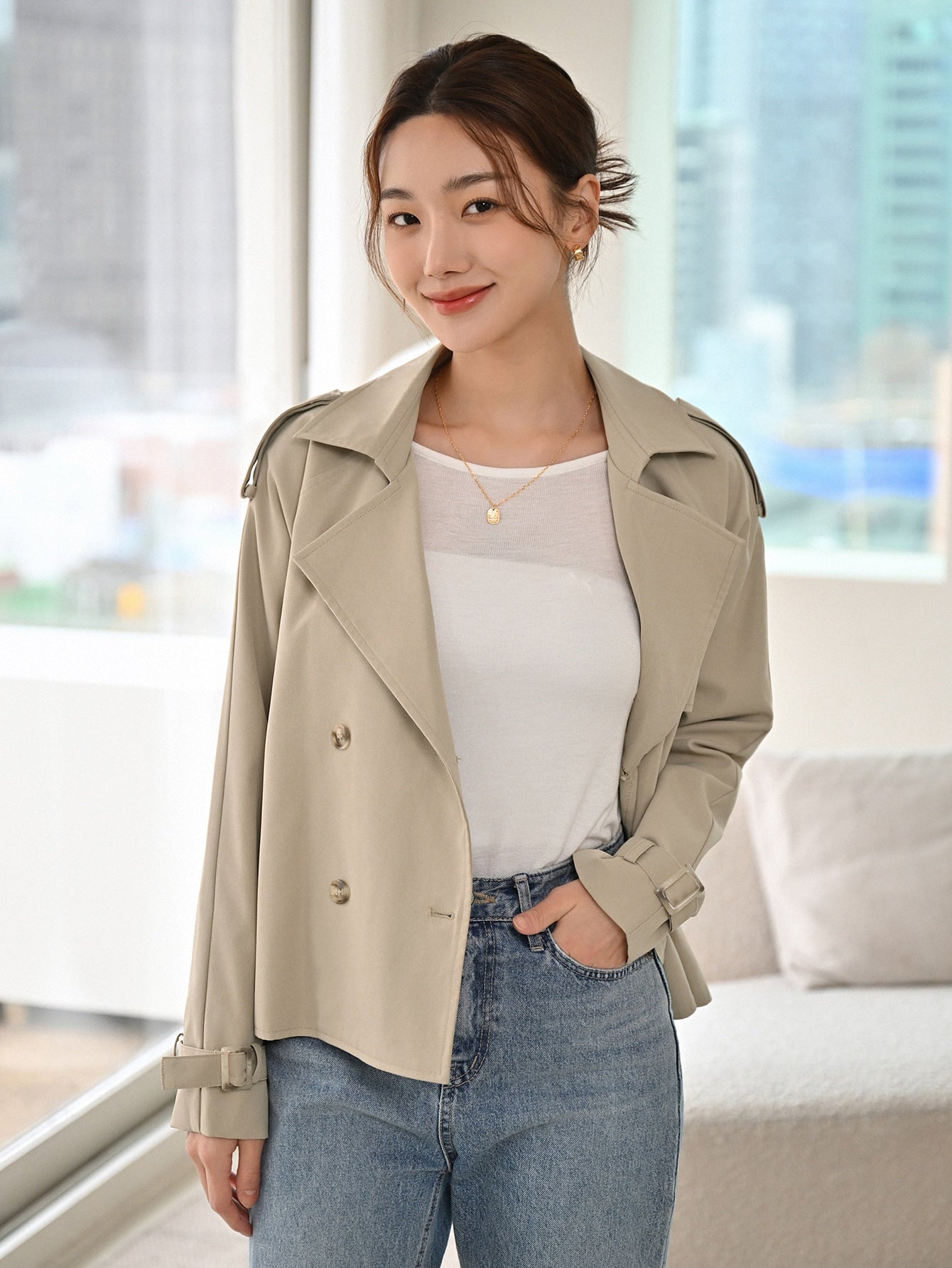 Double Breasted Buckled Cuff Epaulettes Design Trench Coat