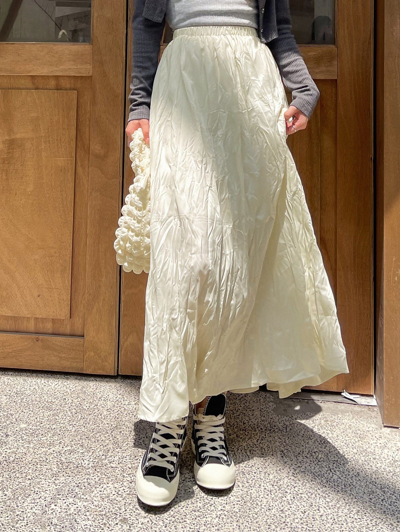 Solid High Waist Wrinkled Skirt