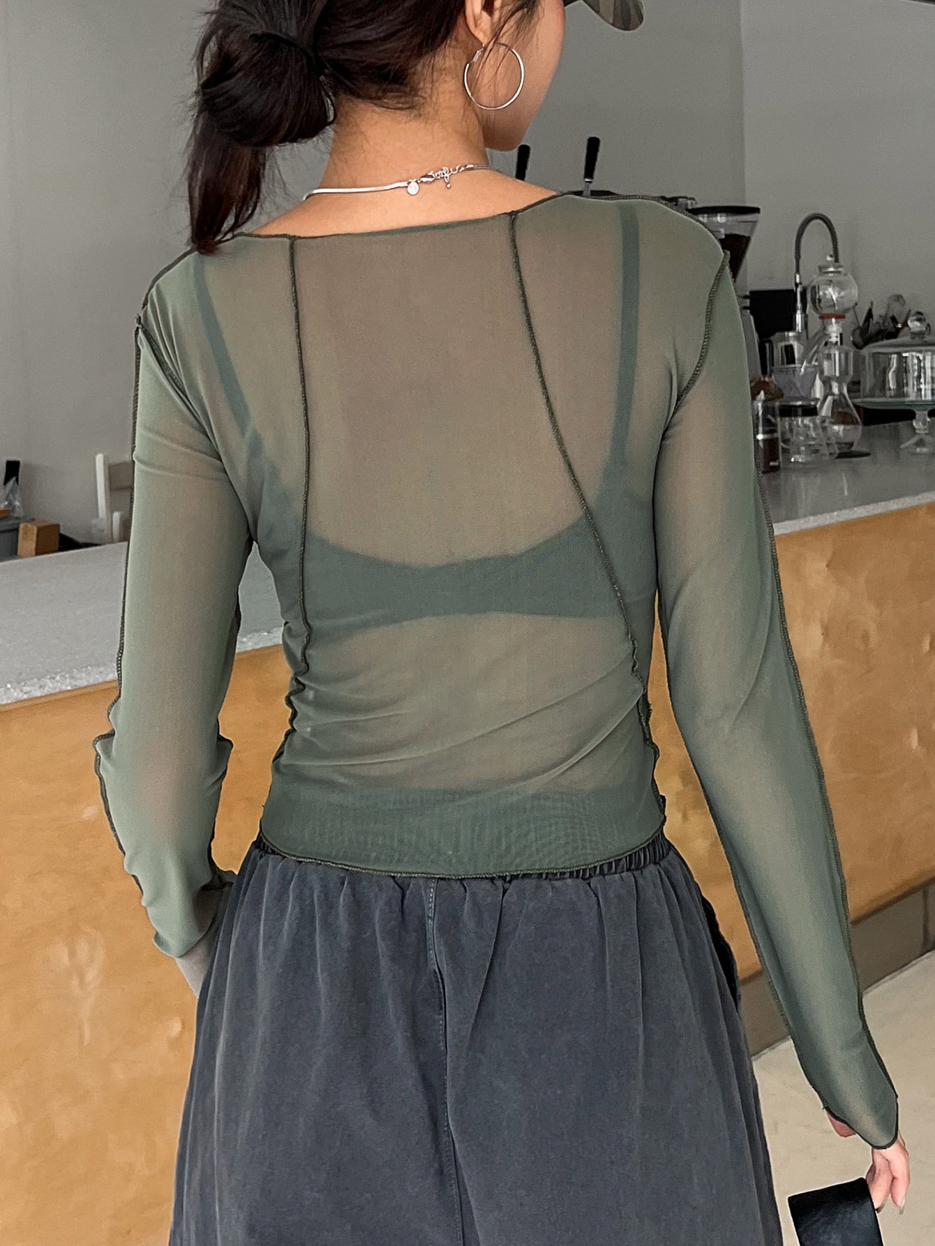 Top-stitching Sheer Top Without Bra