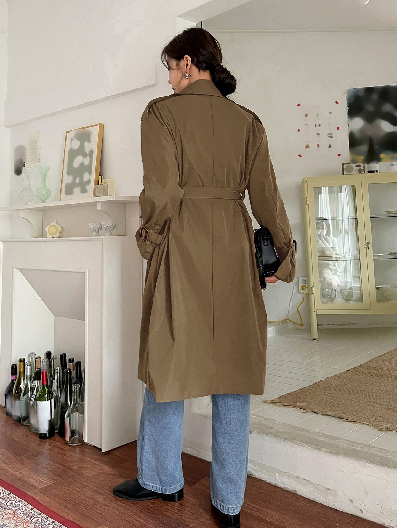 Double Breasted Slant Pockets Belted Trench Coat