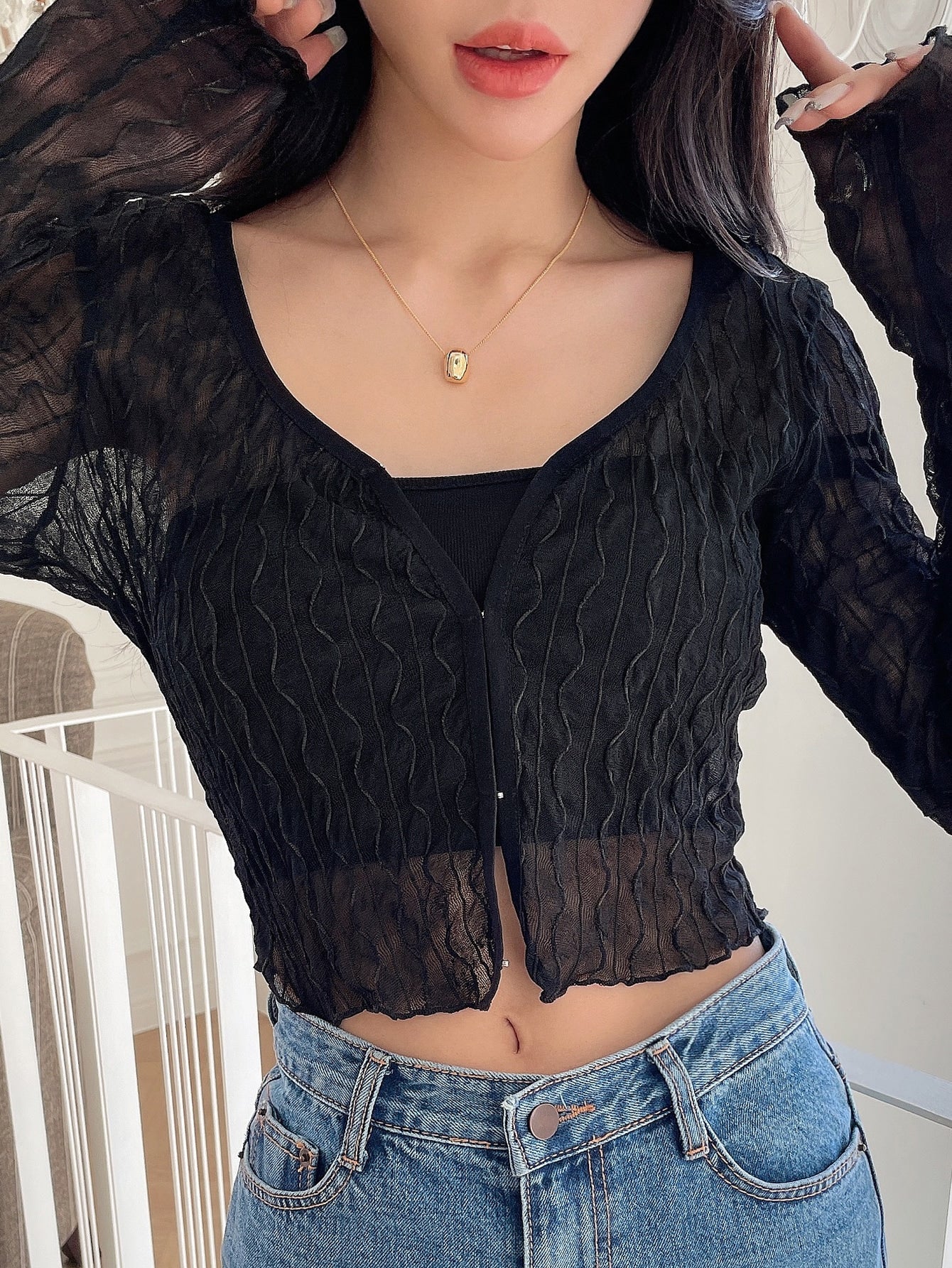 Solid Lettuce Trim Crop Sheer Top Without Cami Top