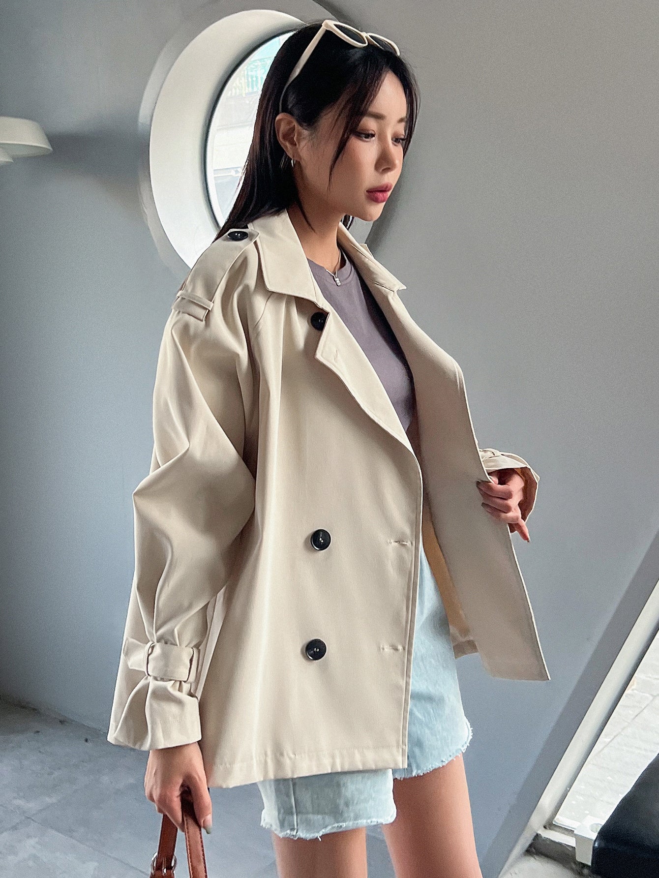 Double Breasted Raglan Sleeve Trench Coat