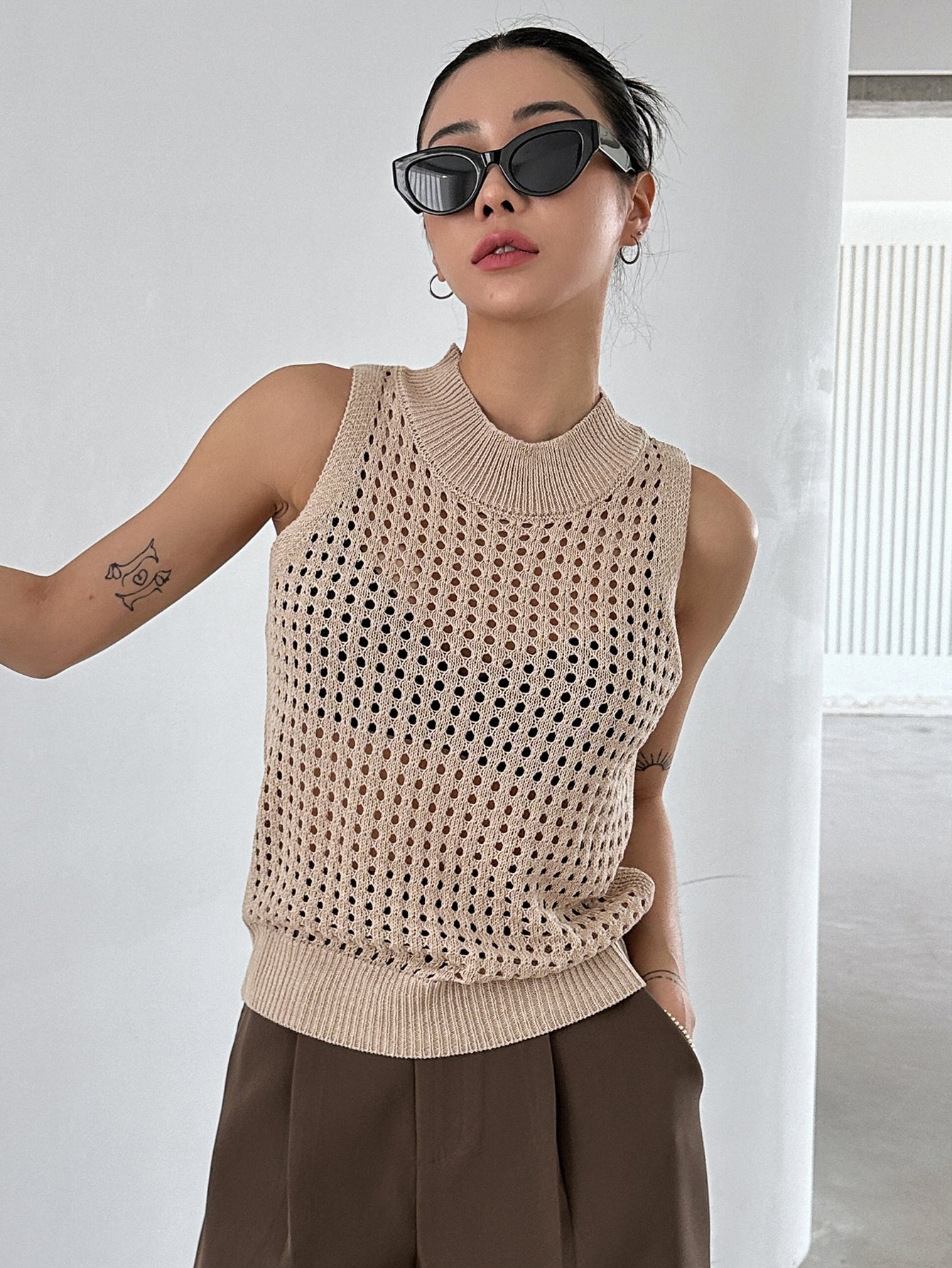 Solid Pointelle Knit Sweater Vest