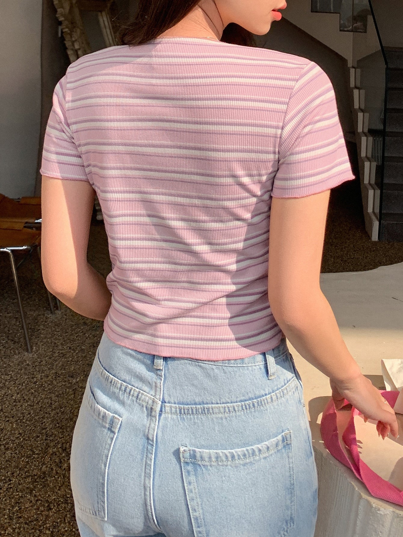 Cherry Embroidery Striped Print Tee