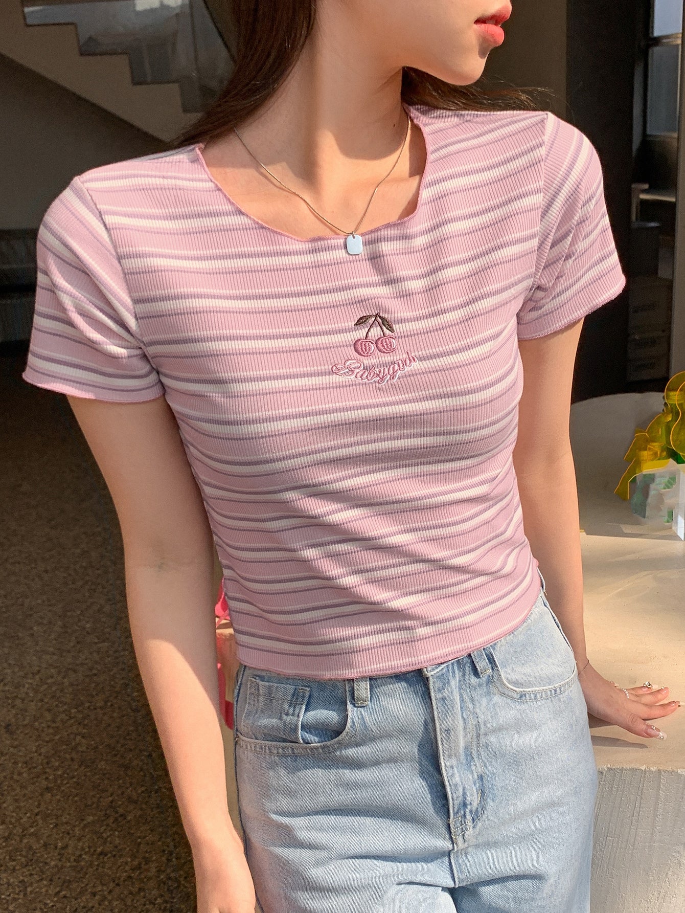 Cherry Embroidery Striped Print Tee
