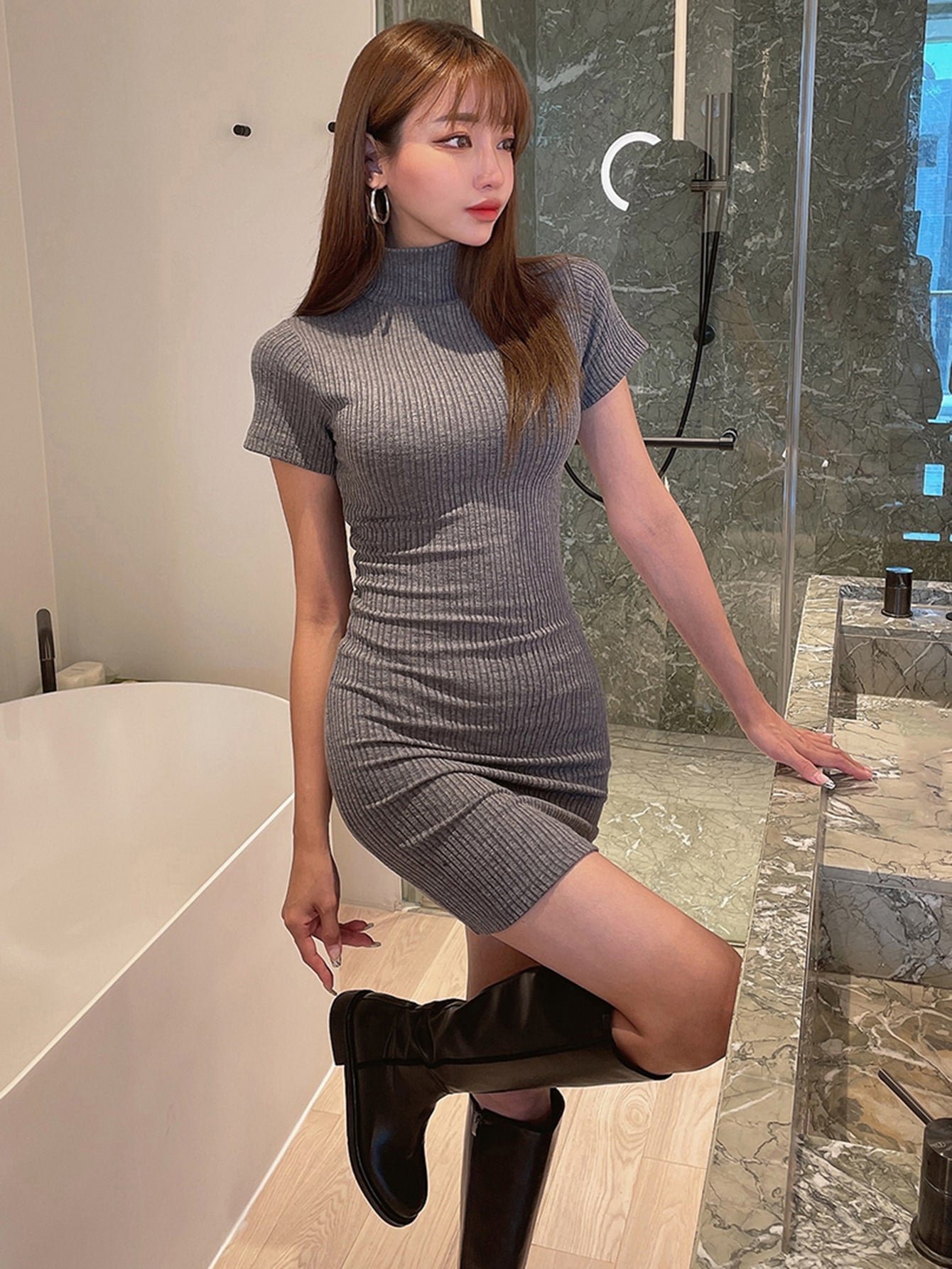 High Neck Ribbed Knit Bodycon Dress