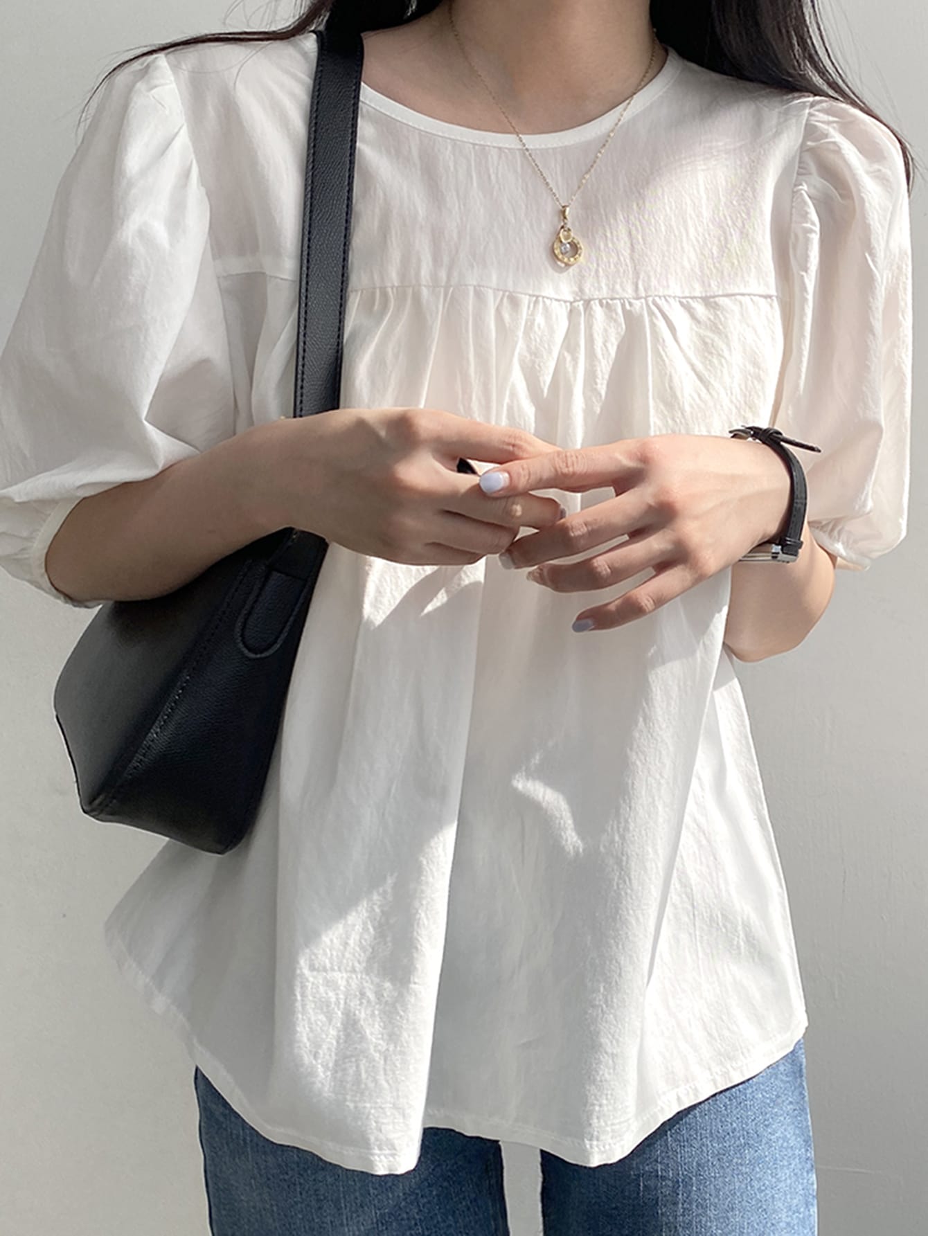 Solid Puff Sleeve Blouse