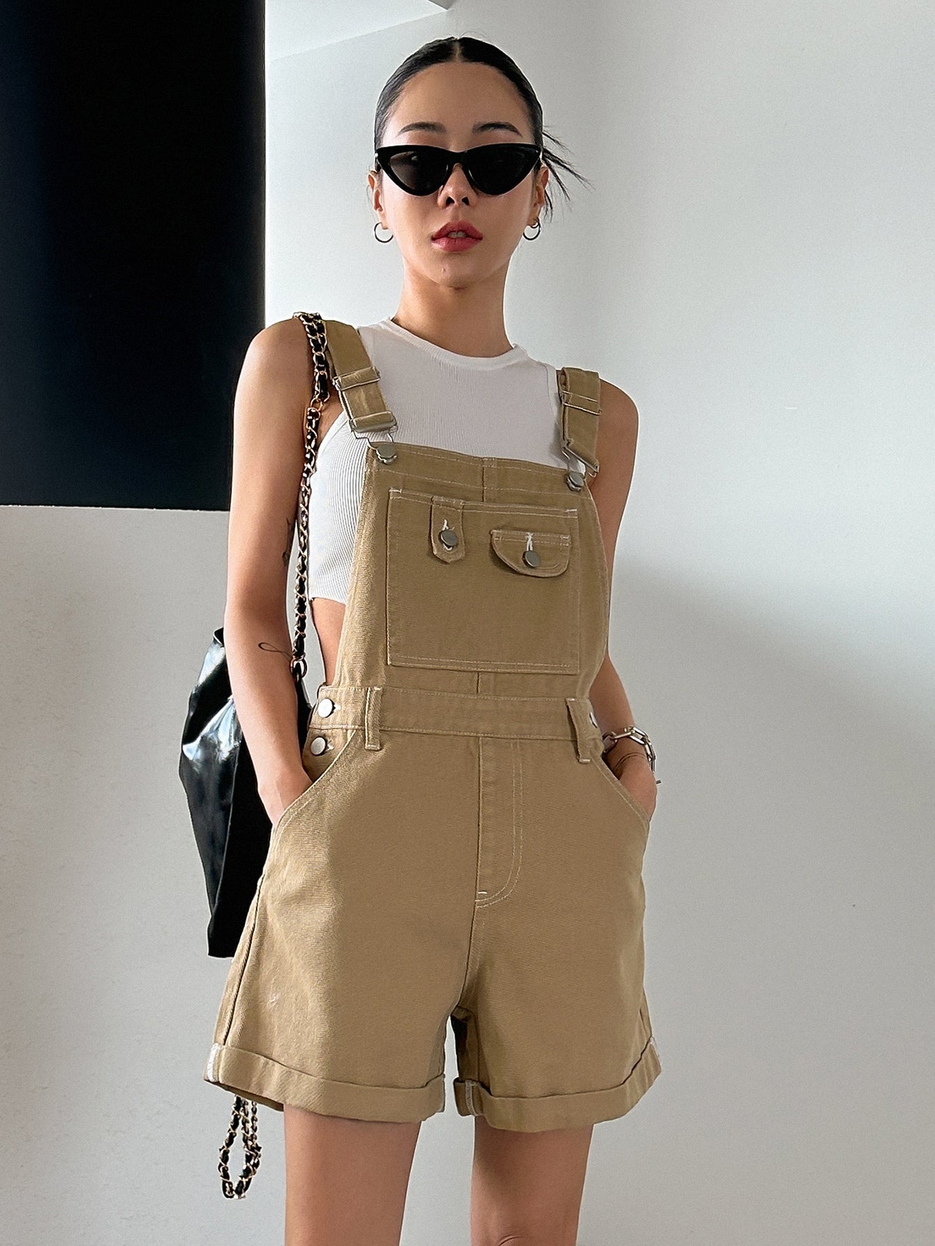 Roll Up Hem Pocket Patched Denim Overalls Without Tank Top