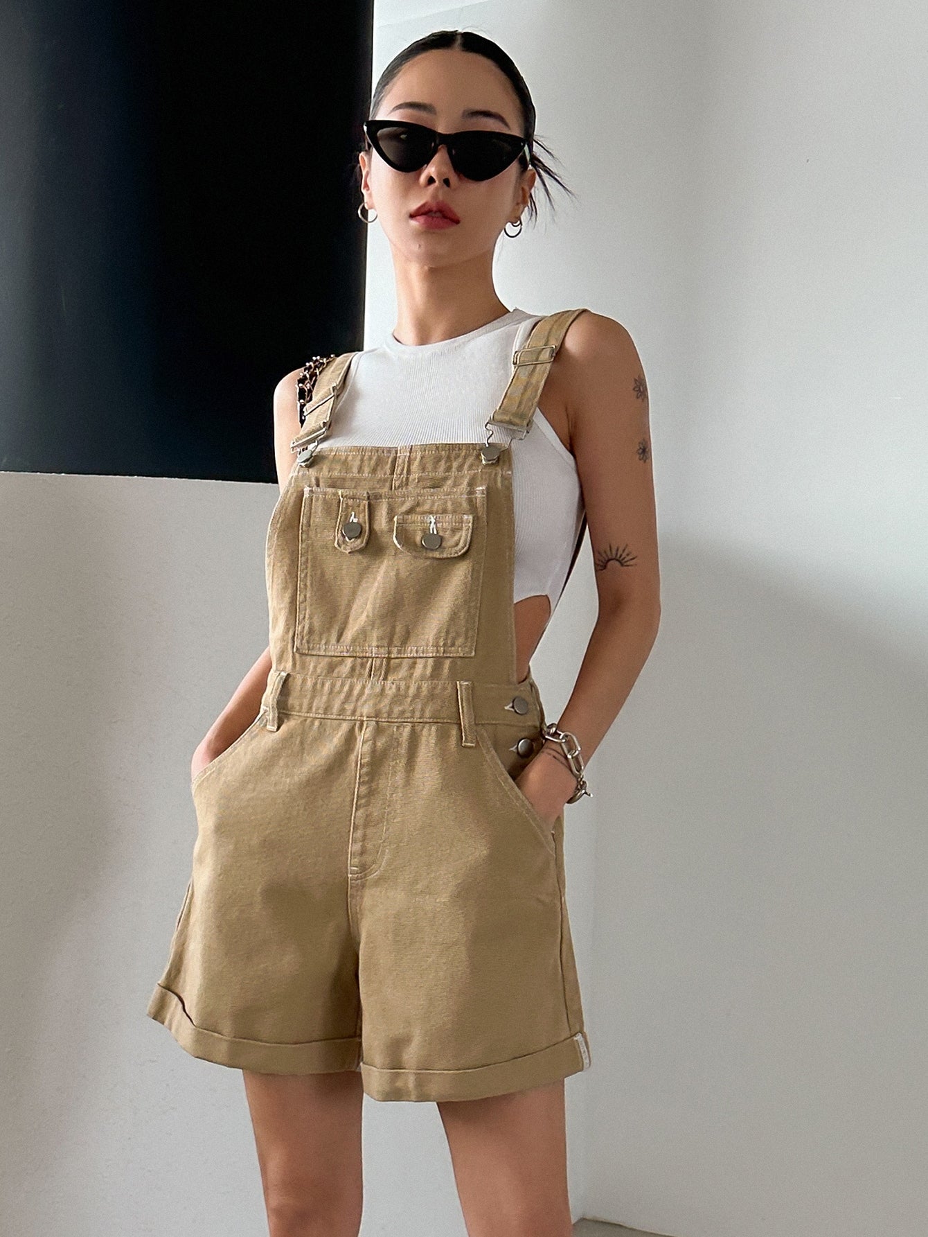 Roll Up Hem Pocket Patched Denim Overalls Without Tank Top