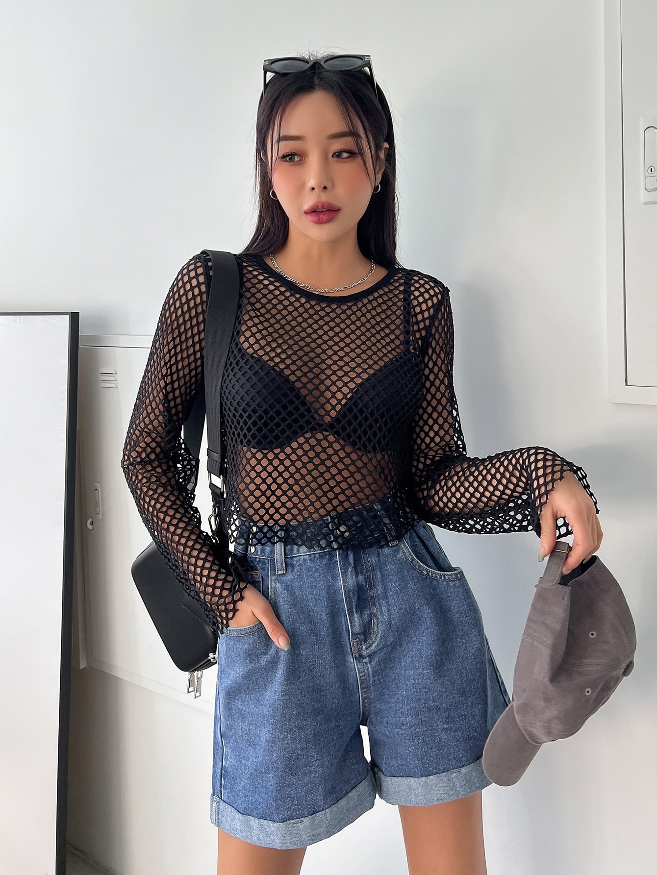 Solid Fishnet Mesh Top Without Bra