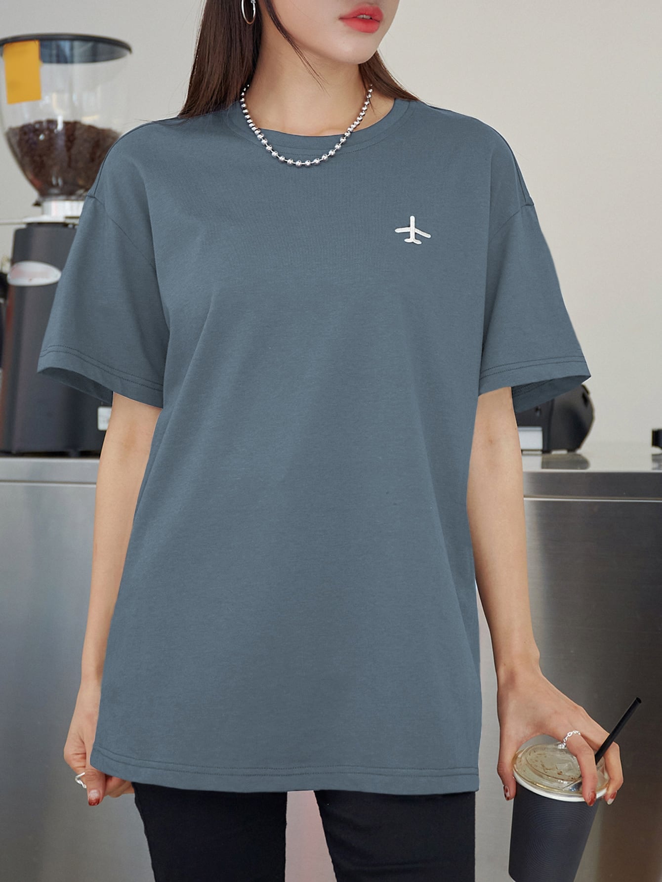 Airplane Embroidery Drop Shoulder Tee