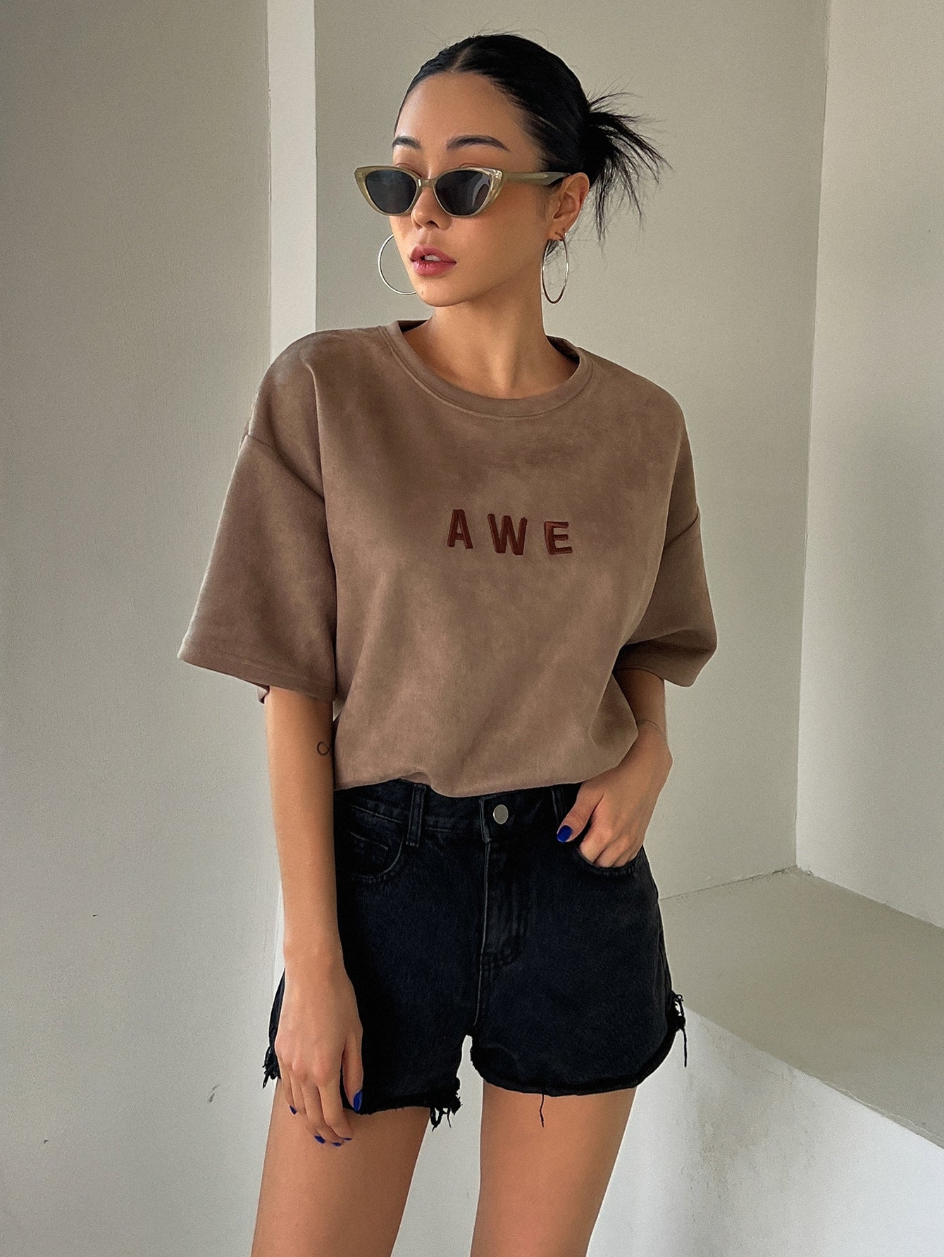 Letter Embroidery Drop Shoulder Tee