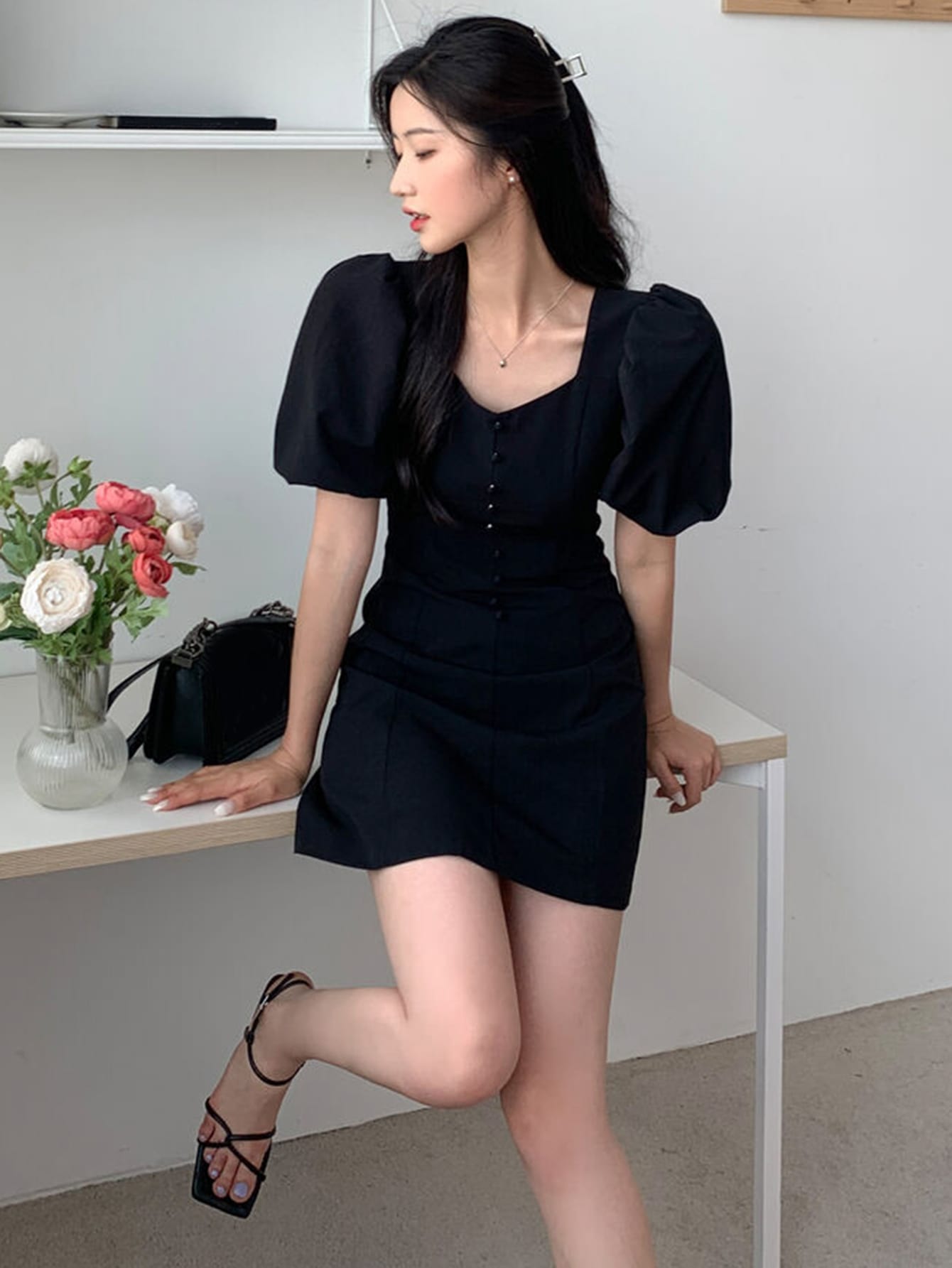 Sweetheart Neck Puff Sleeve Button Front Dress