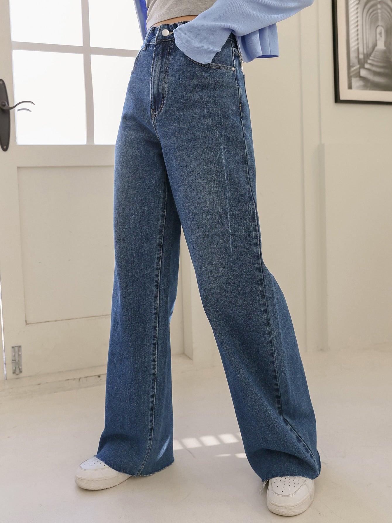 High Waist Slant Pocket Raw Cut Jeans