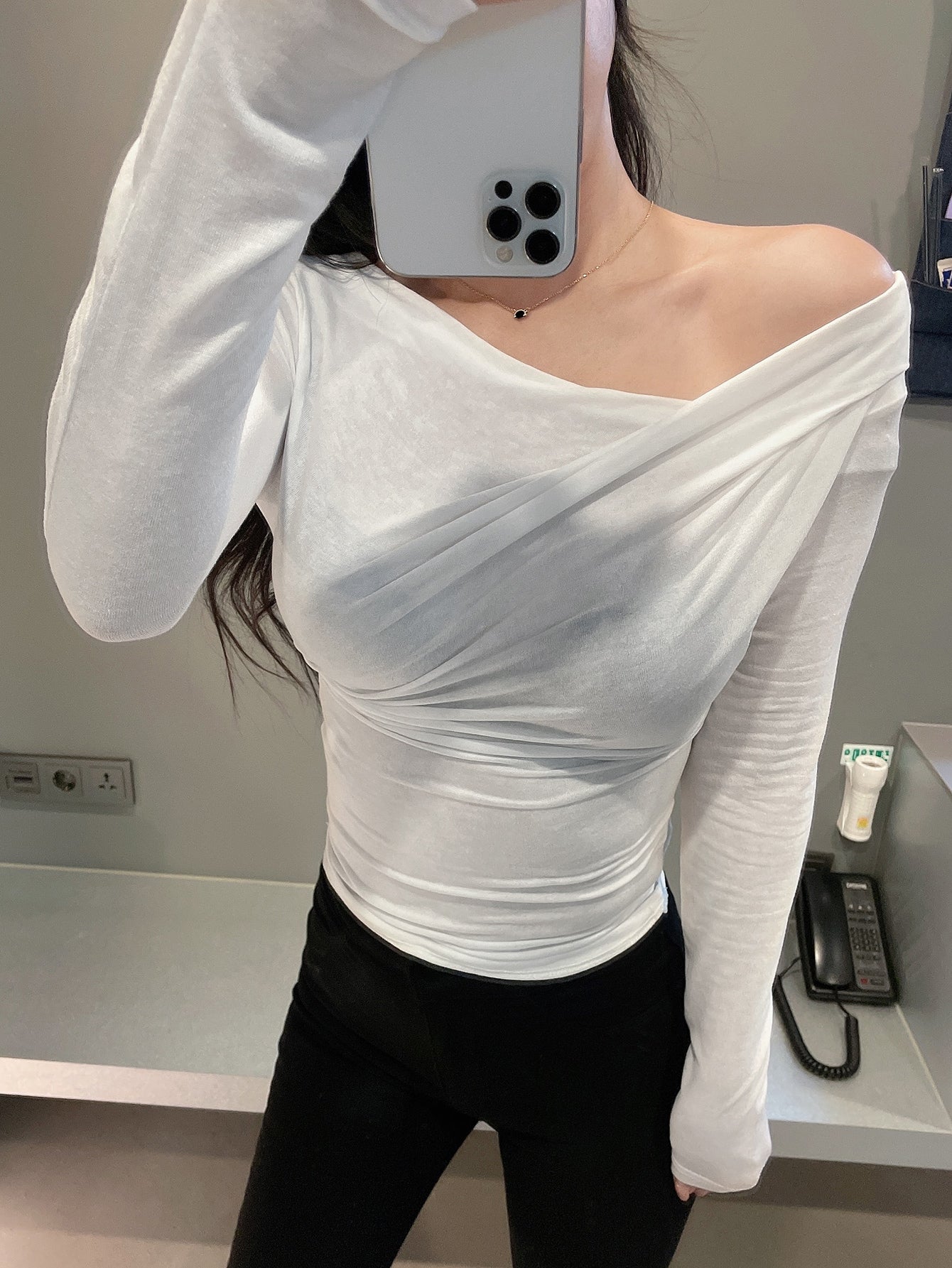 Solid Asymmetrical Neck Ruched Tee