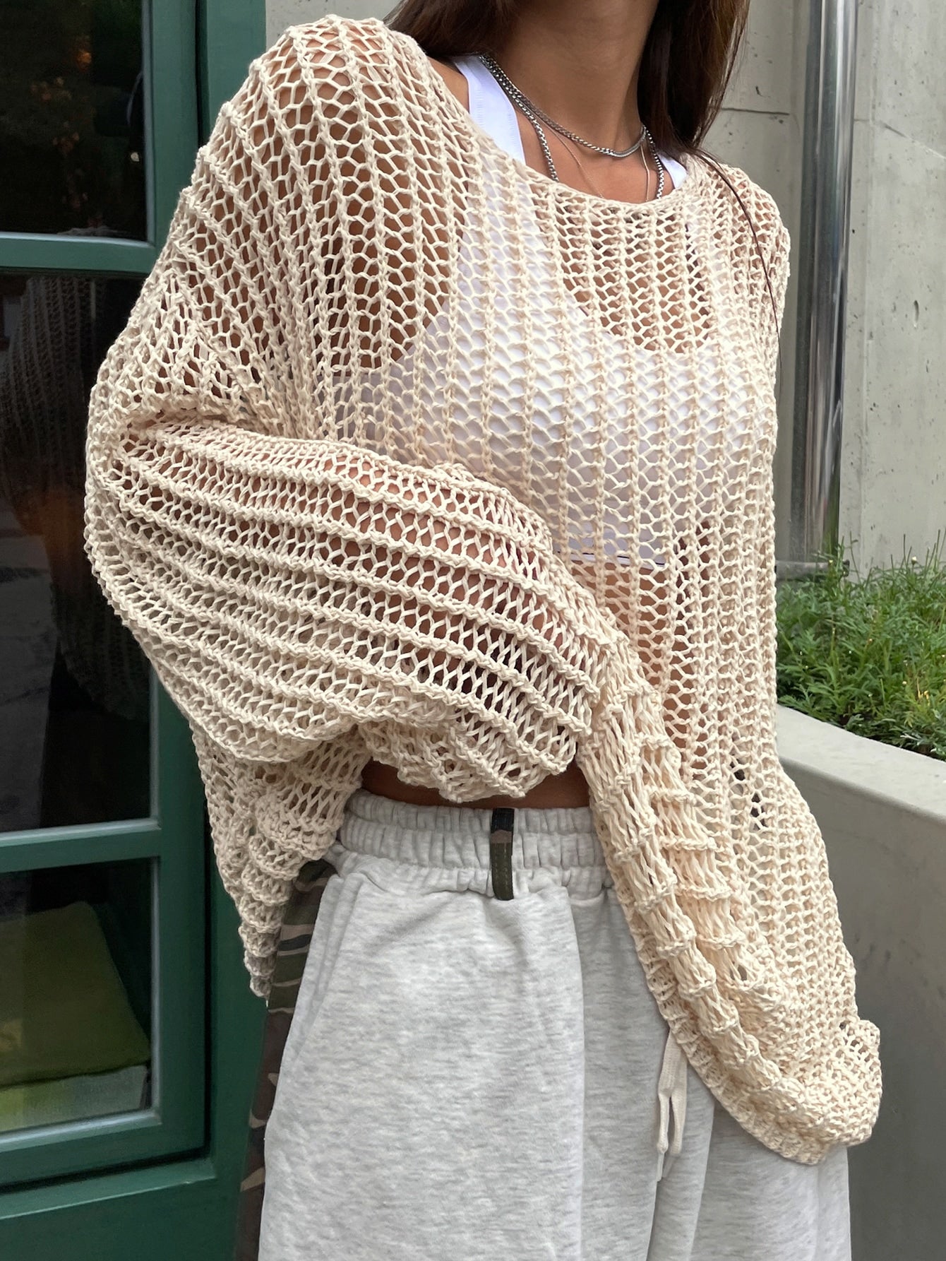 Hollow Out Drop Shoulder Open Knit Sweater Without Bra