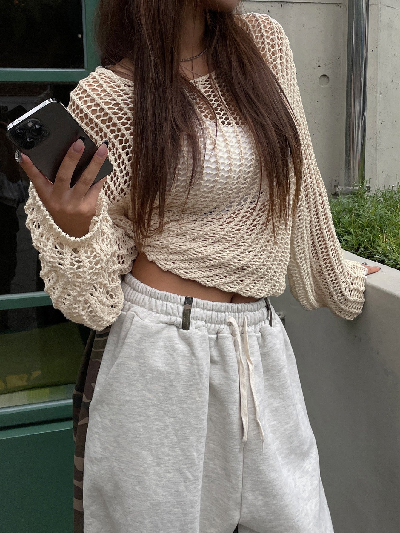 Hollow Out Drop Shoulder Open Knit Sweater Without Bra