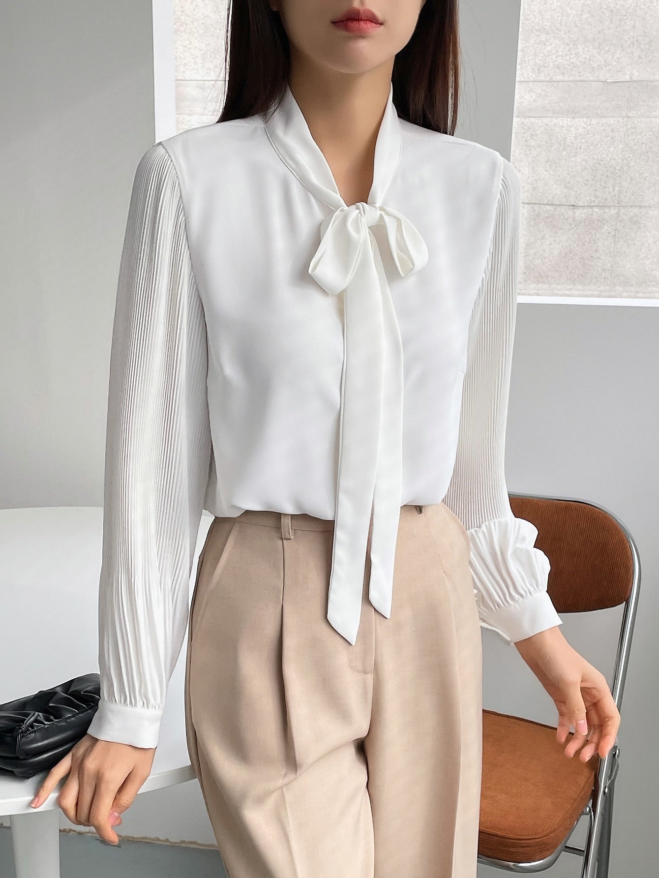 Solid Tie Neck Pleated Detail Blouse