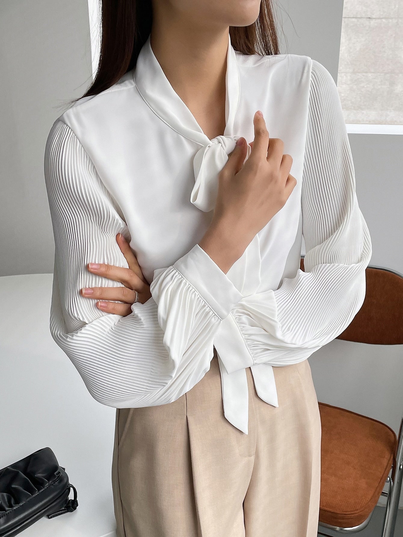 Solid Tie Neck Pleated Detail Blouse