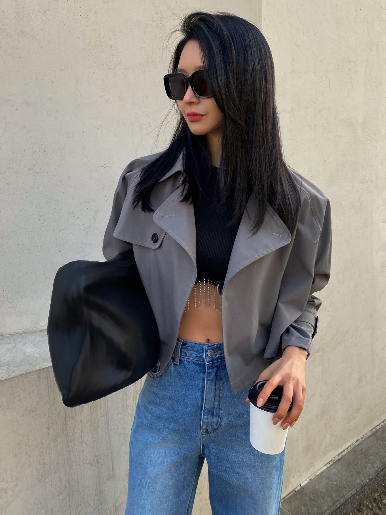 Solid Buckle Detail Crop Trench Coat
