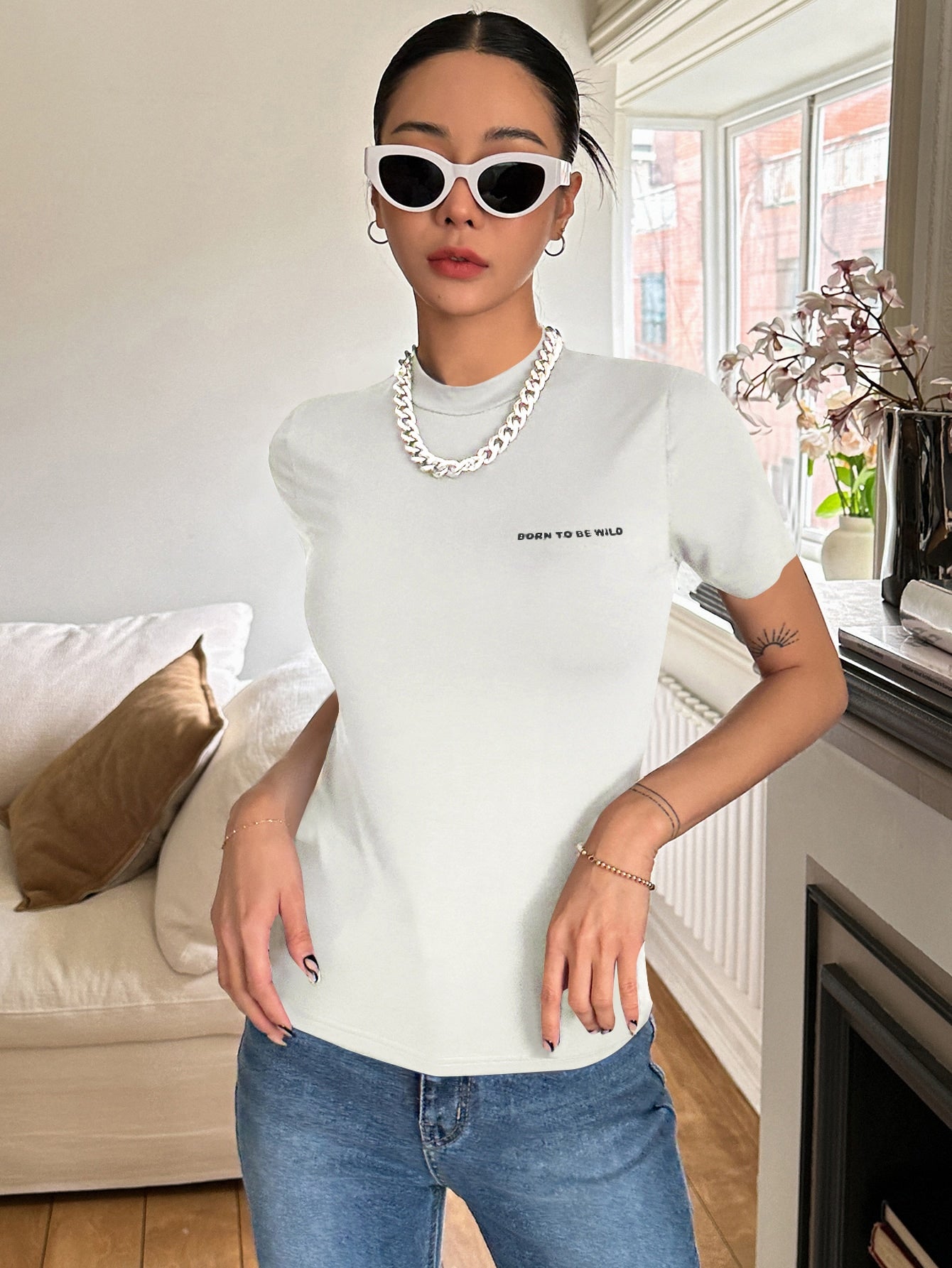 Letter Graphic Mock Neck Tee