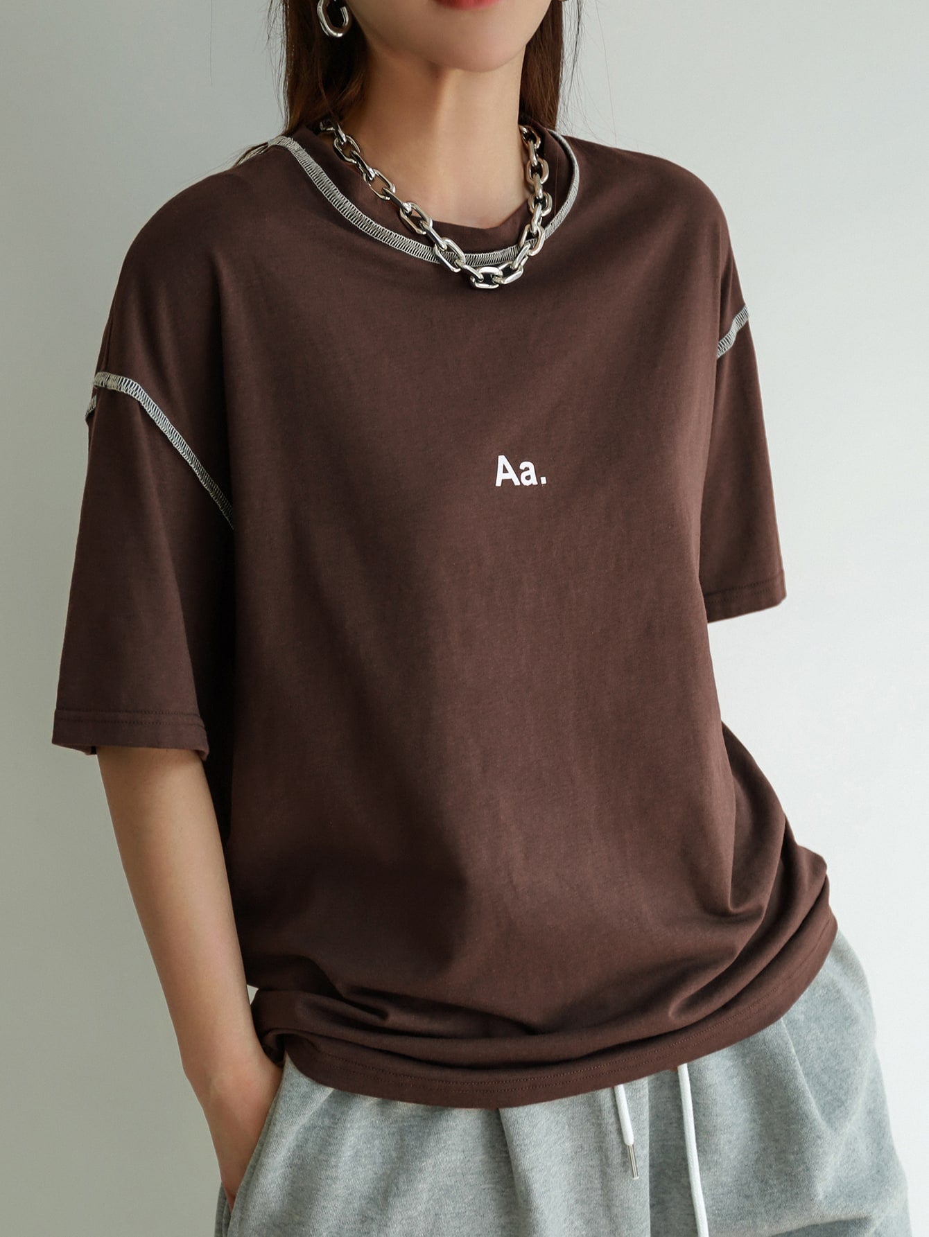 Letter Graphic Drop Shoulder Top-stitching Tee