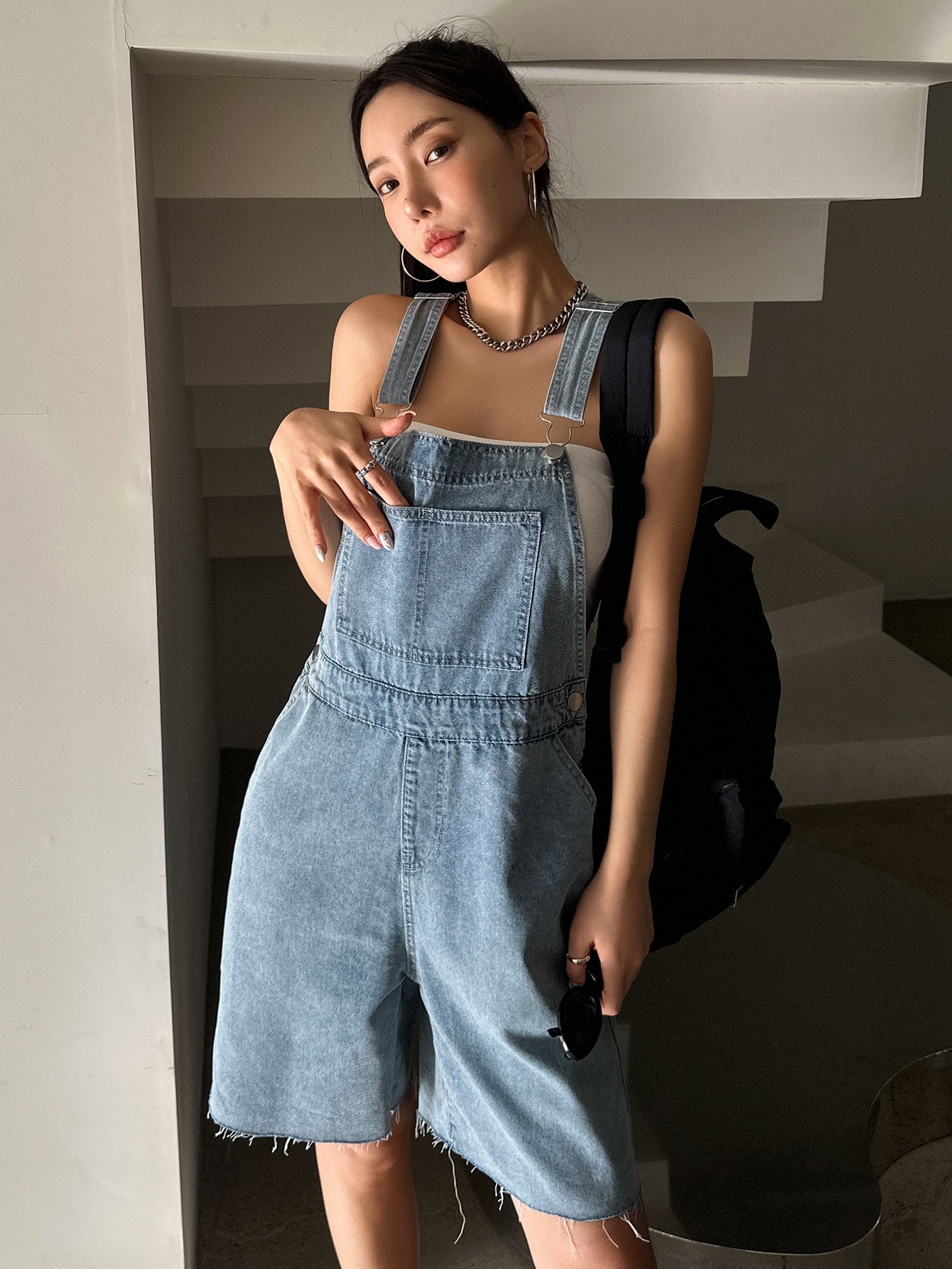 One Shoulder Raw Cut Denim Romper Without Tube Top