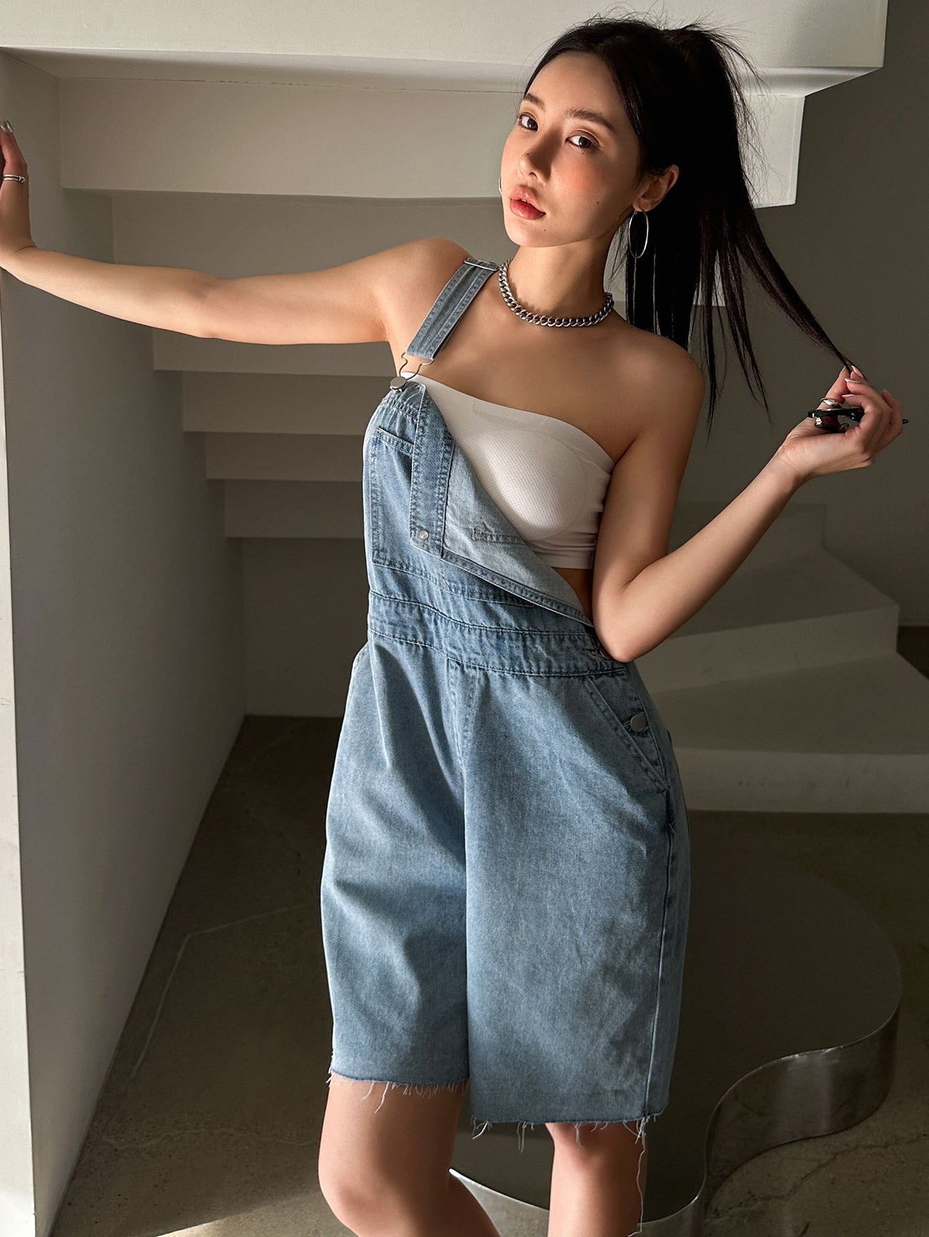 One Shoulder Raw Cut Denim Romper Without Tube Top