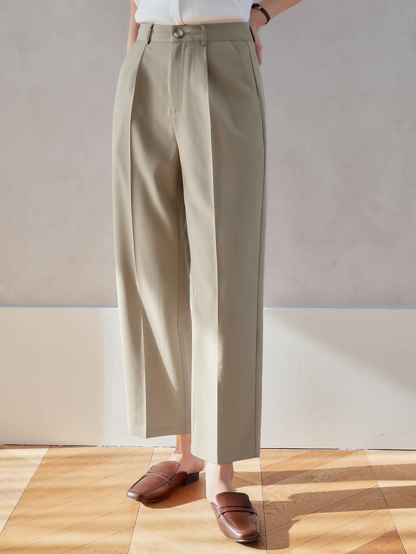 Solid Slant Pocket Straight Leg Cropped Suit Pants