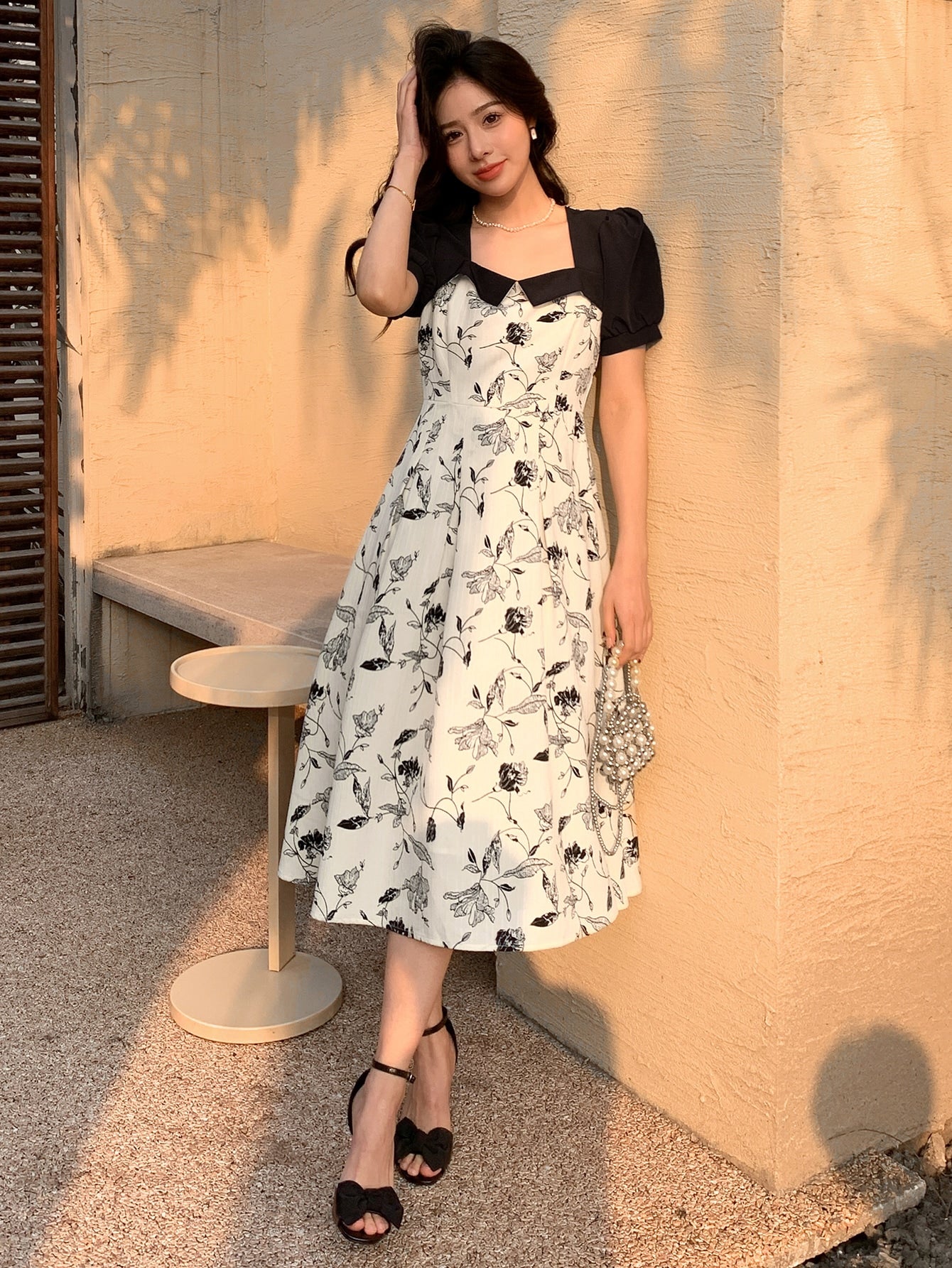 Floral Print Square Neck Puff Sleeve Dress