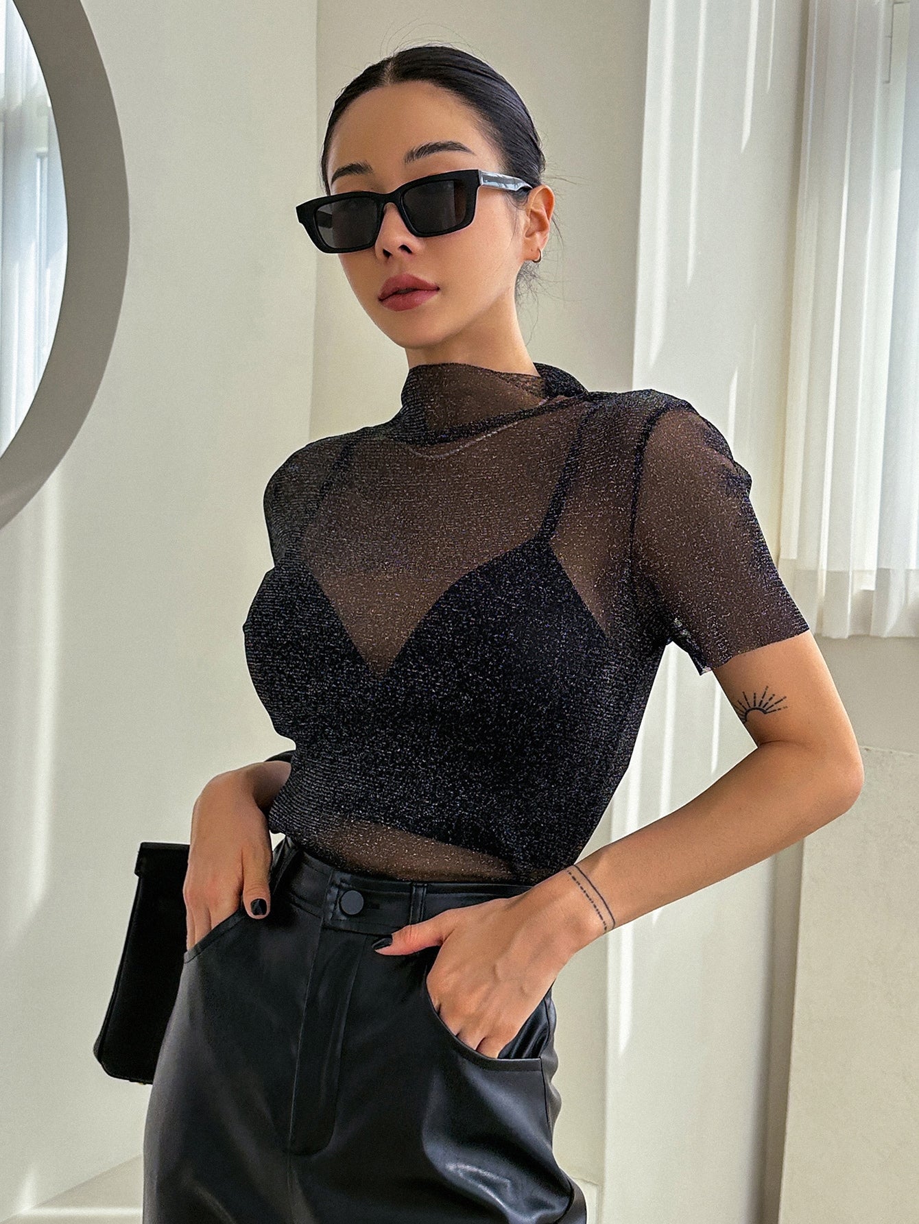 Glitter Mock Neck Mesh Top Without Bra