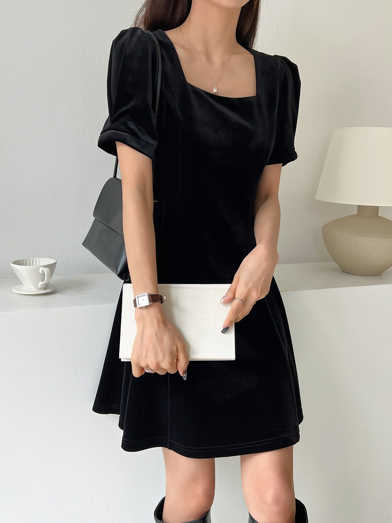 Square Neck Puff Sleeve A-line Dress